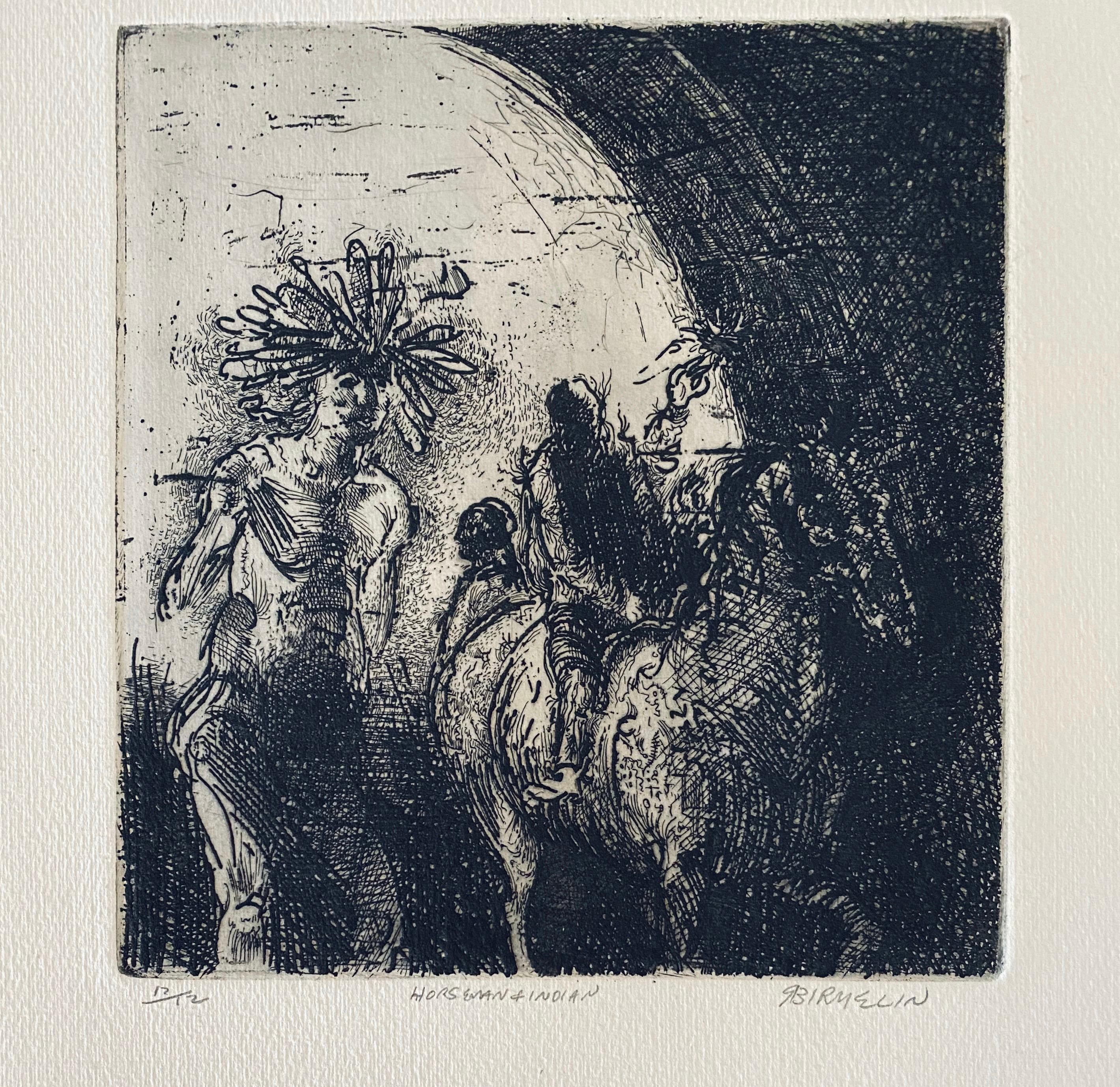 Robert A. Birmelin Interior Print - Horseman & Indian, American Modernist Abstract Etching