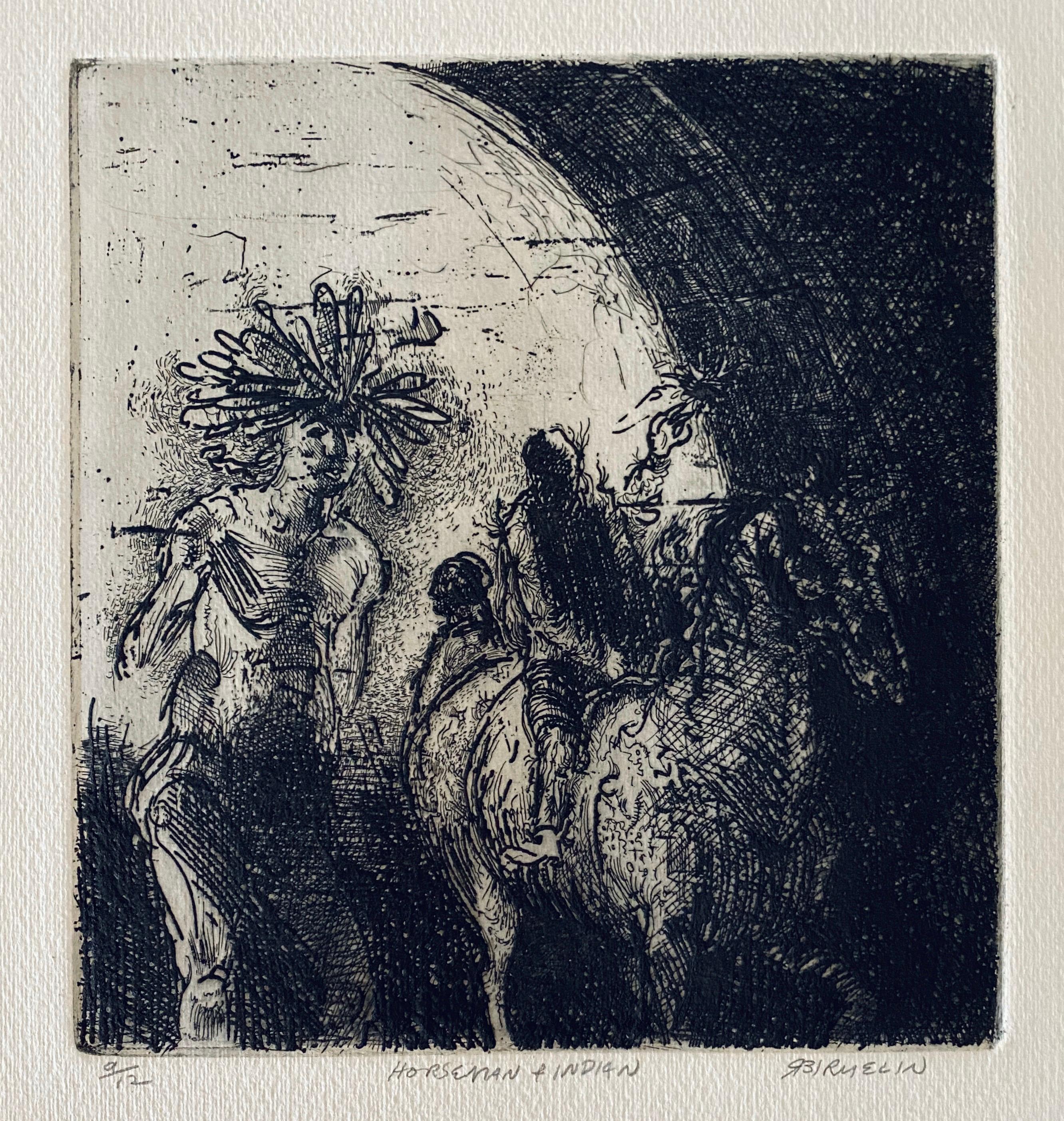 Robert A. Birmelin Interior Print - Horseman & Indian, American Modernist Abstract Etching