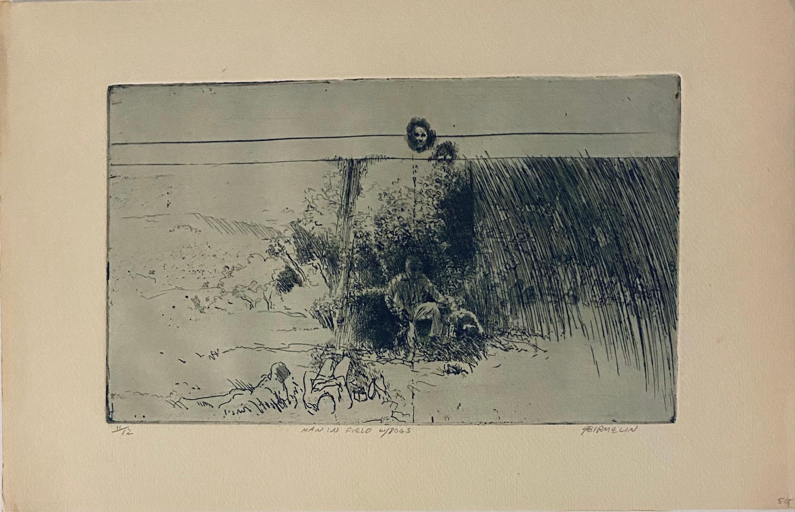Man In Field With Dogs, American Modernist Abstract Etching - Print by Robert A. Birmelin