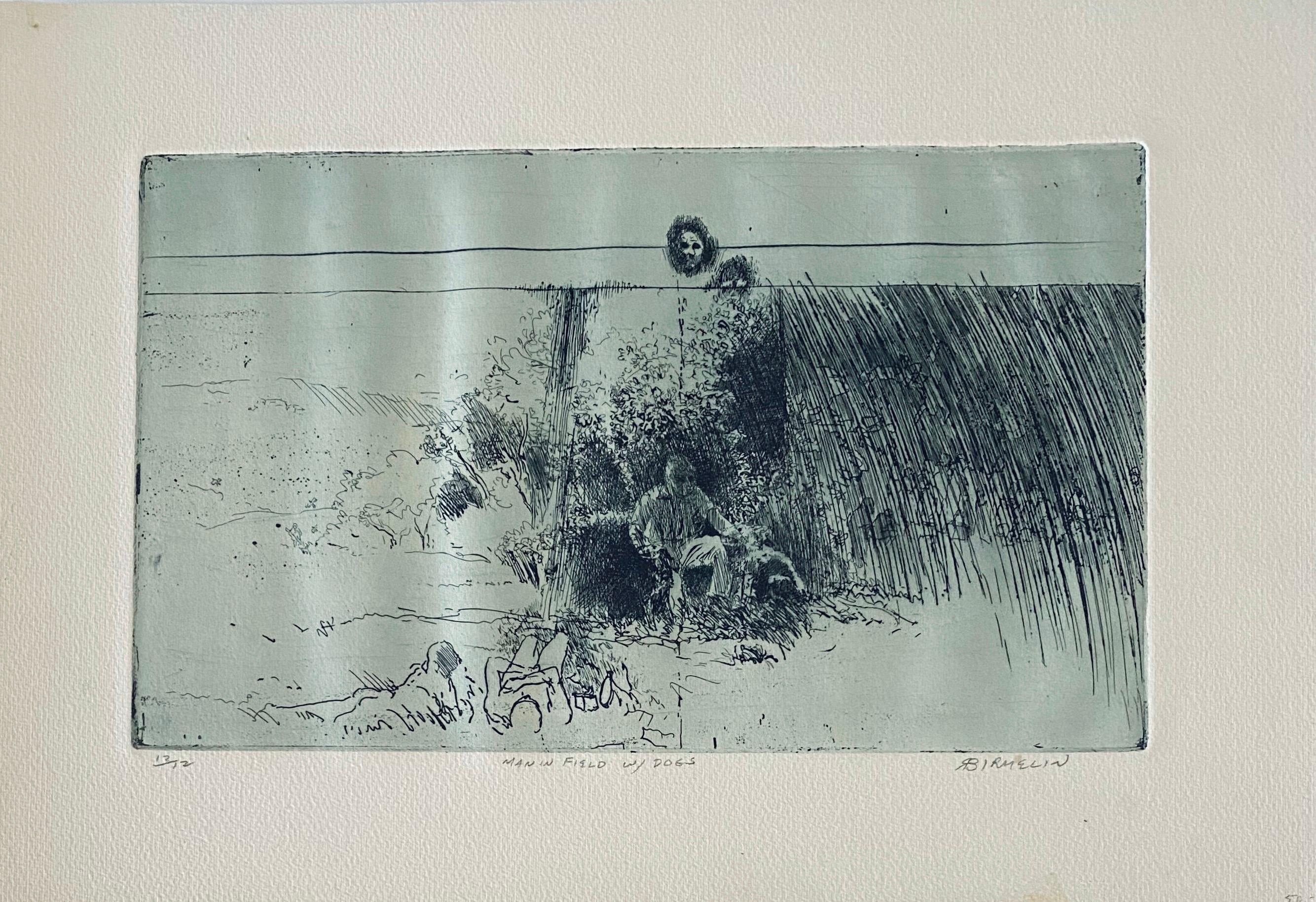 Man In Field With Dogs, American Modernist Abstract Etching - Print by Robert A. Birmelin