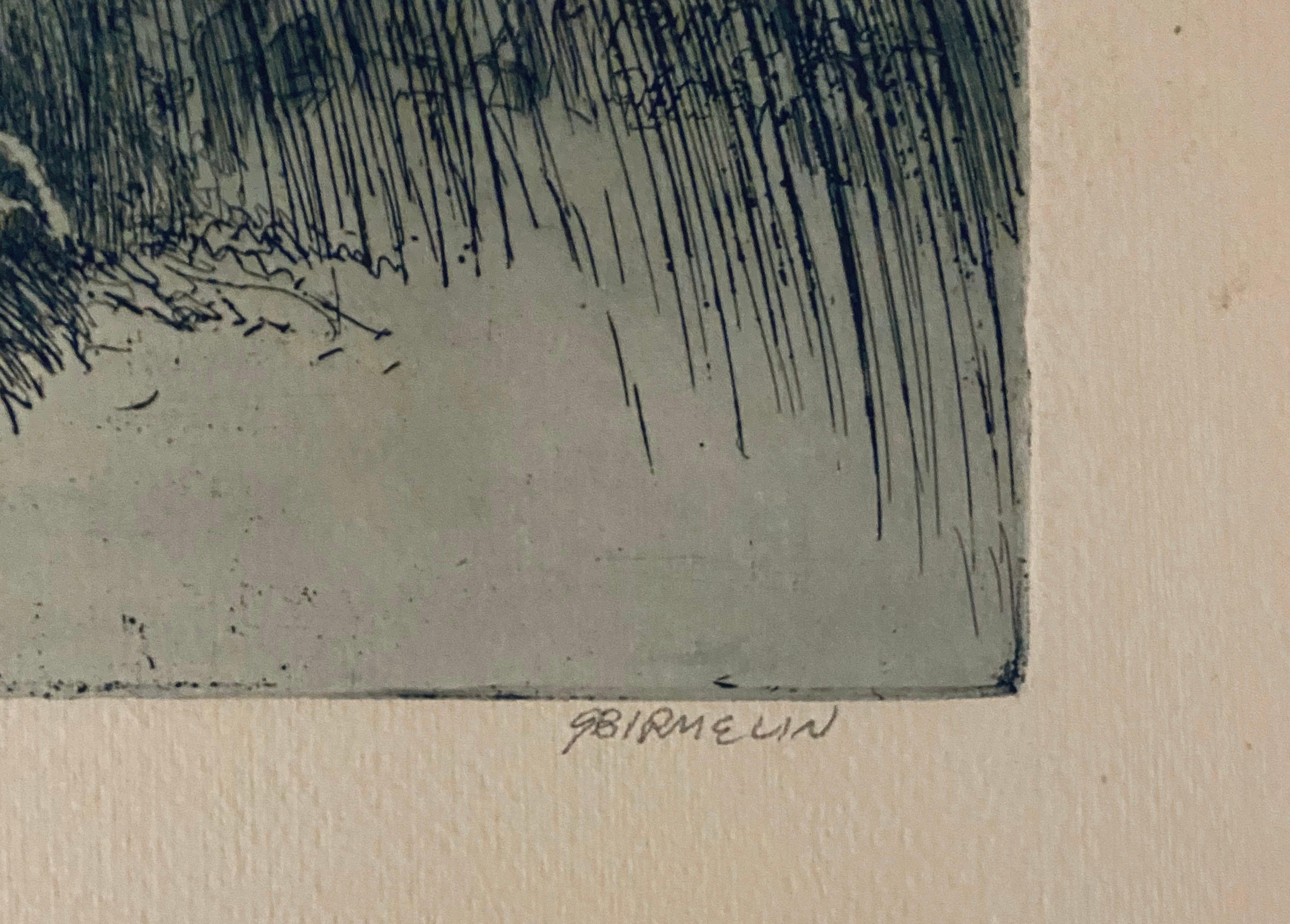 Man In Field With Dogs, American Modernist Abstract Etching - Gray Interior Print by Robert A. Birmelin