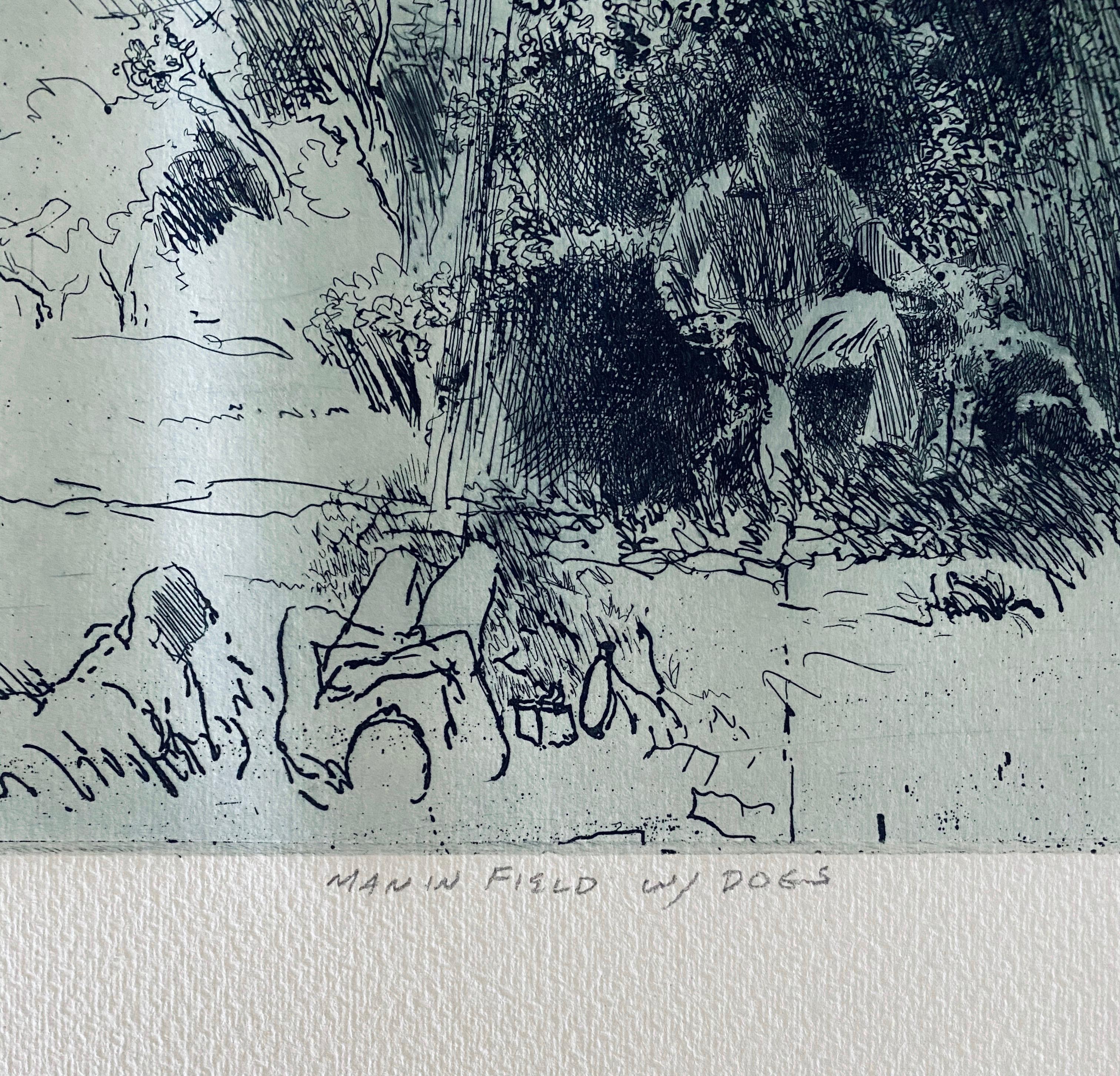 Man In Field With Dogs, American Modernist Abstract Etching - Gray Interior Print by Robert A. Birmelin