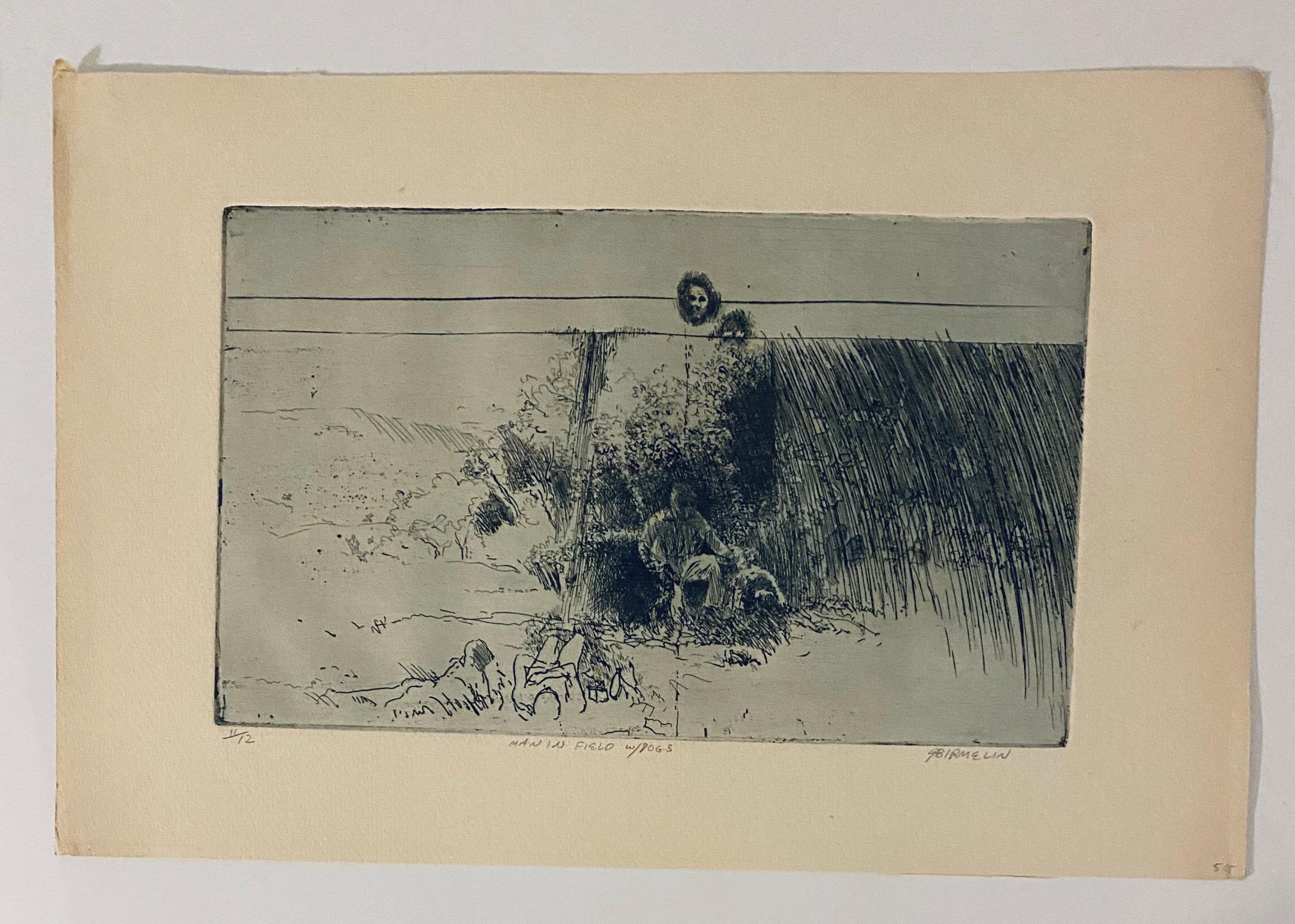 Man In Field With Dogs, American Modernist Abstract Etching For Sale 1