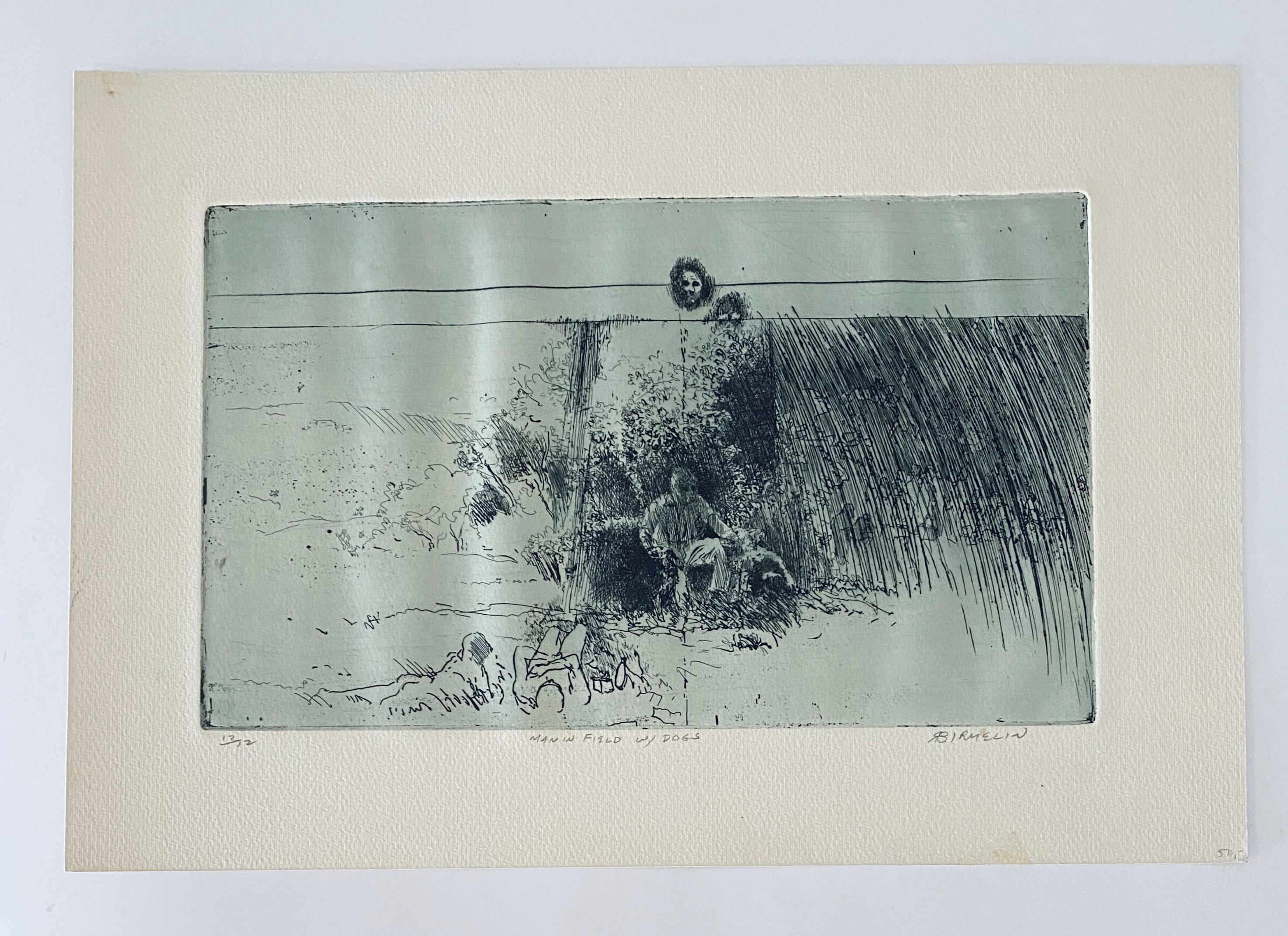 Man In Field With Dogs, American Modernist Abstract Etching For Sale 2