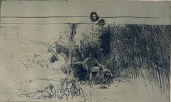 Vintage Man In Field With Dogs, American Modernist Abstract Etching