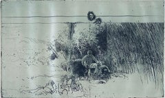 Hombre en el campo con perros, aguafuerte abstracto modernista americano