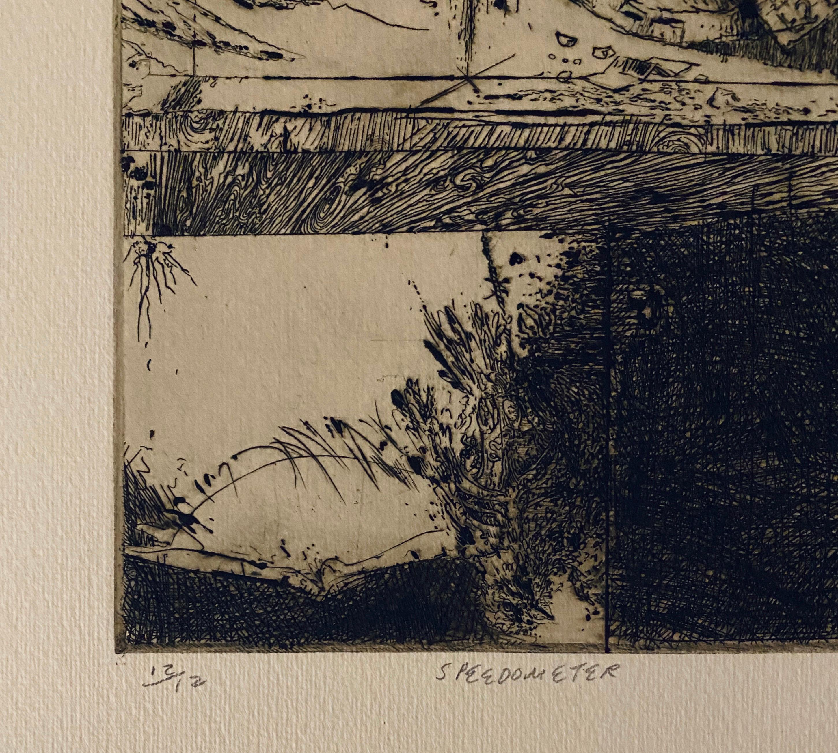 Speedometer, American Modernist Abstract Etching - Black Interior Print by Robert A. Birmelin