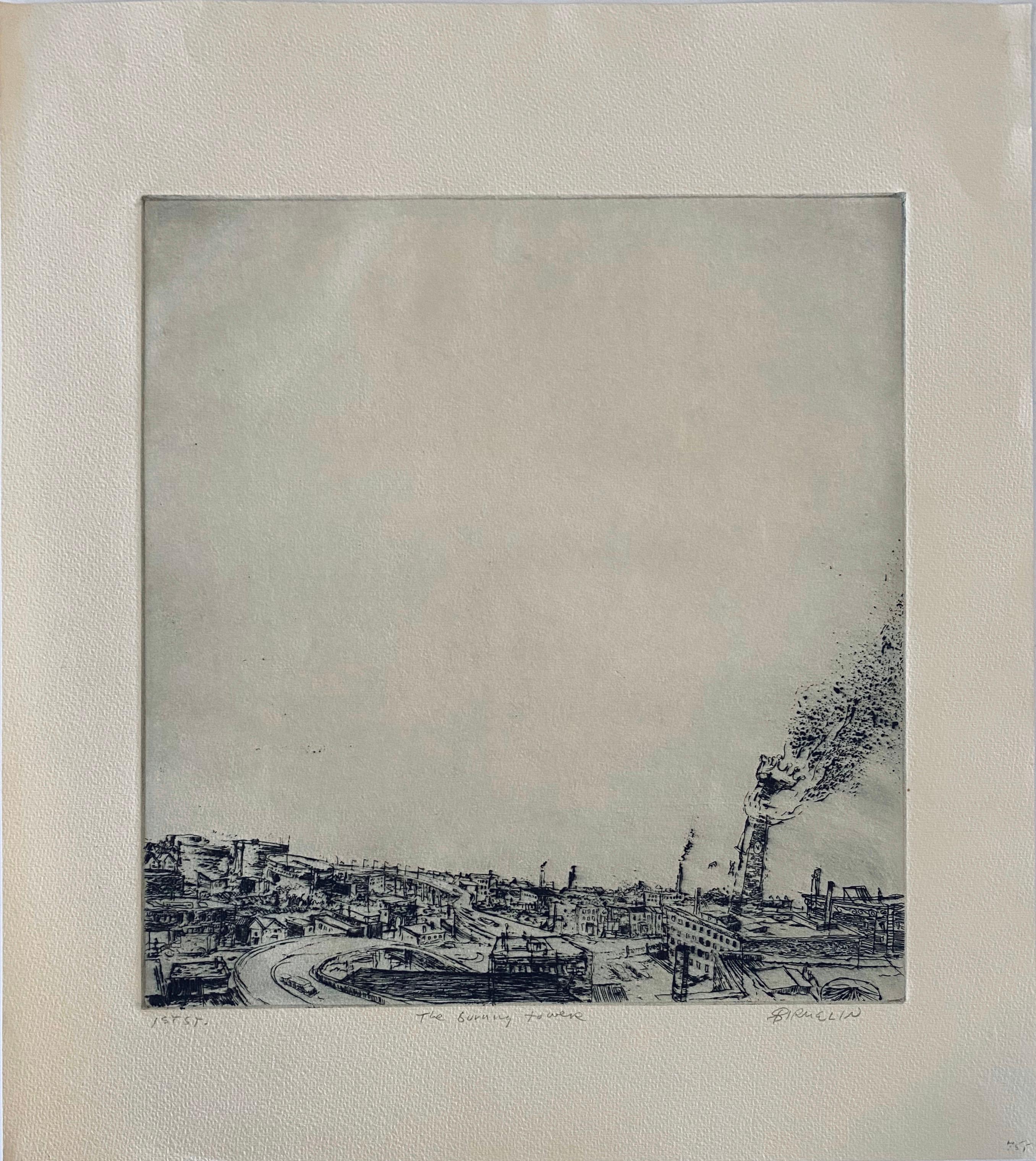 The Burning Tower, American Modernist Abstract Etching - Print by Robert A. Birmelin