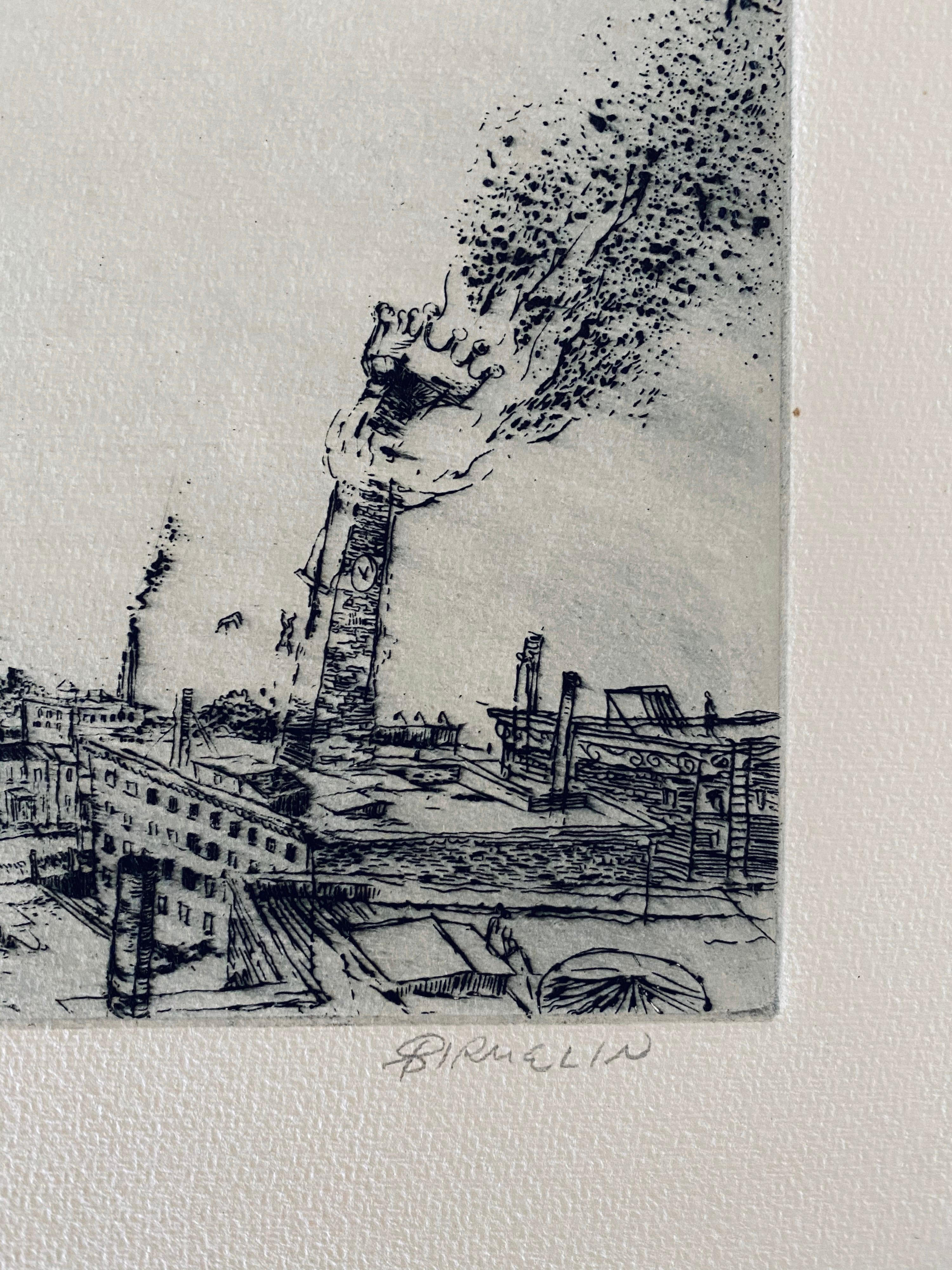 The Burning Tower, American Modernist Abstract Etching - Gray Interior Print by Robert A. Birmelin