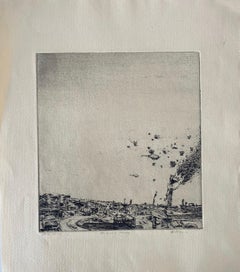 La torre in fiamme, acquaforte astratta di paesaggio modernista americano