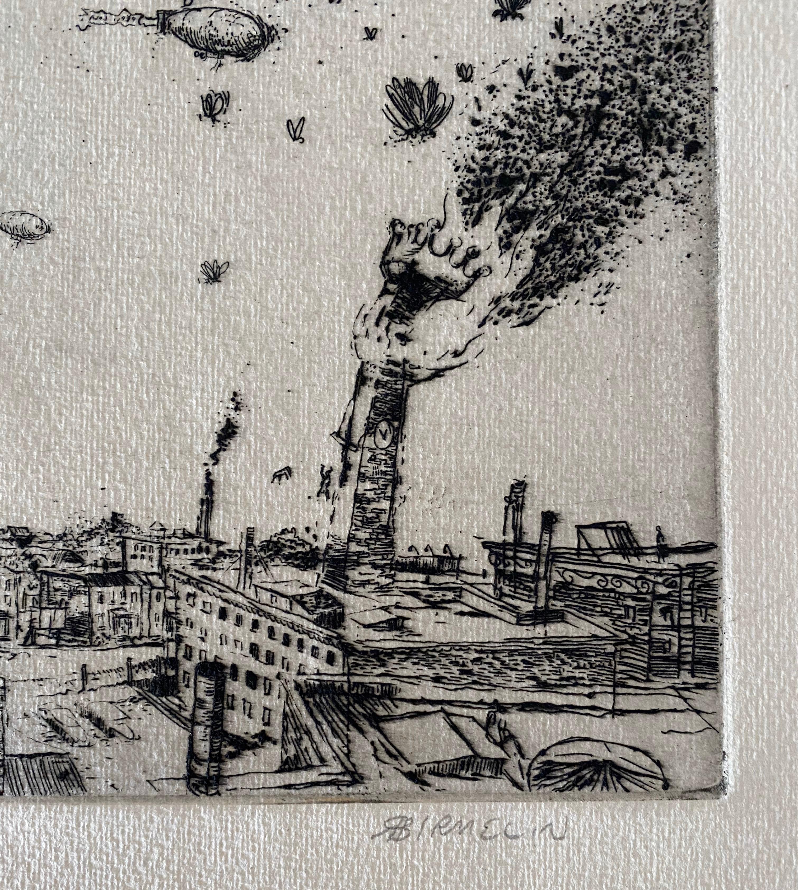 The Burning Tower, American Modernist Abstract Landscape Etching - American Realist Print by Robert A. Birmelin