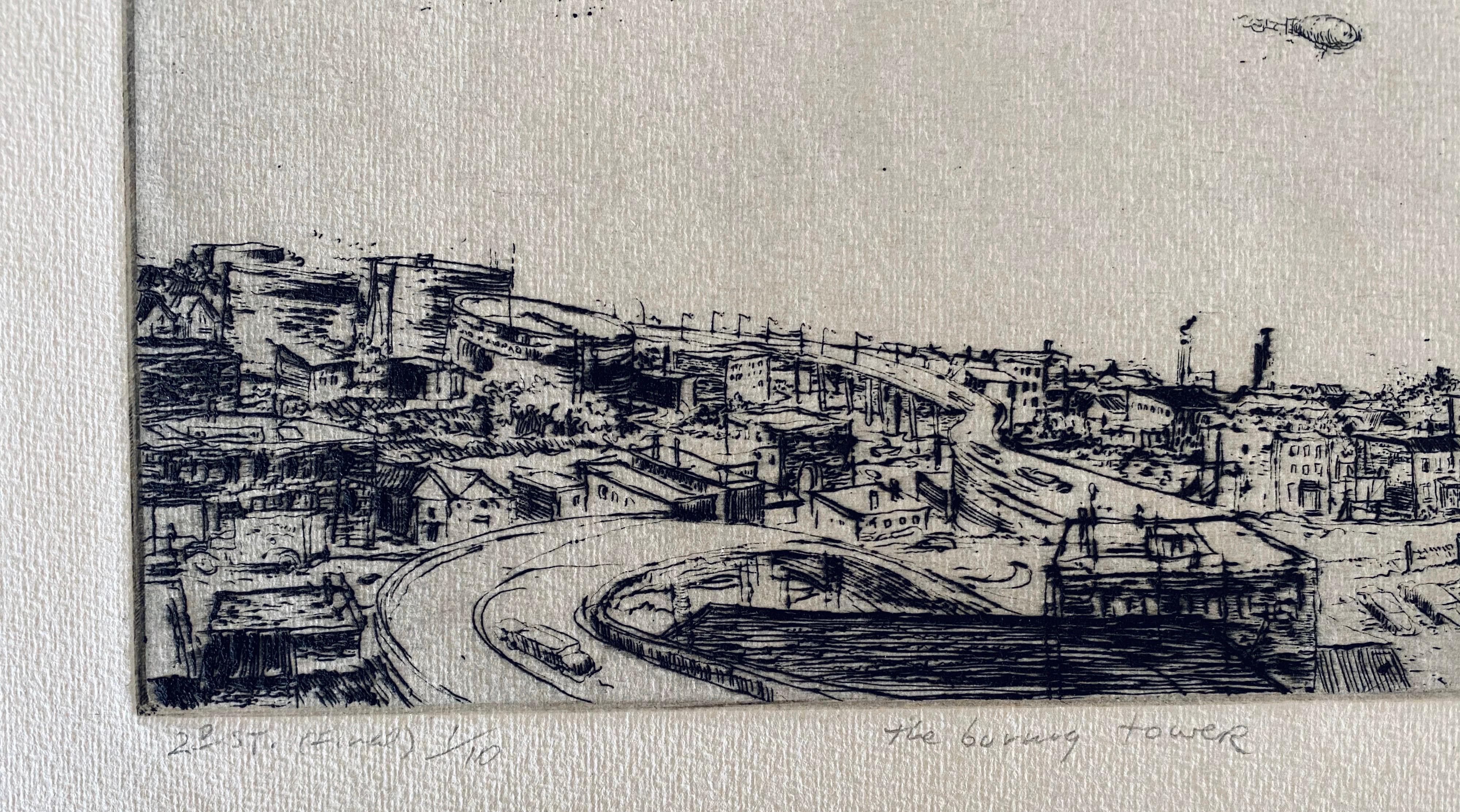 The Burning Tower, American Modernist Abstract Landscape Etching - Gray Abstract Print by Robert A. Birmelin