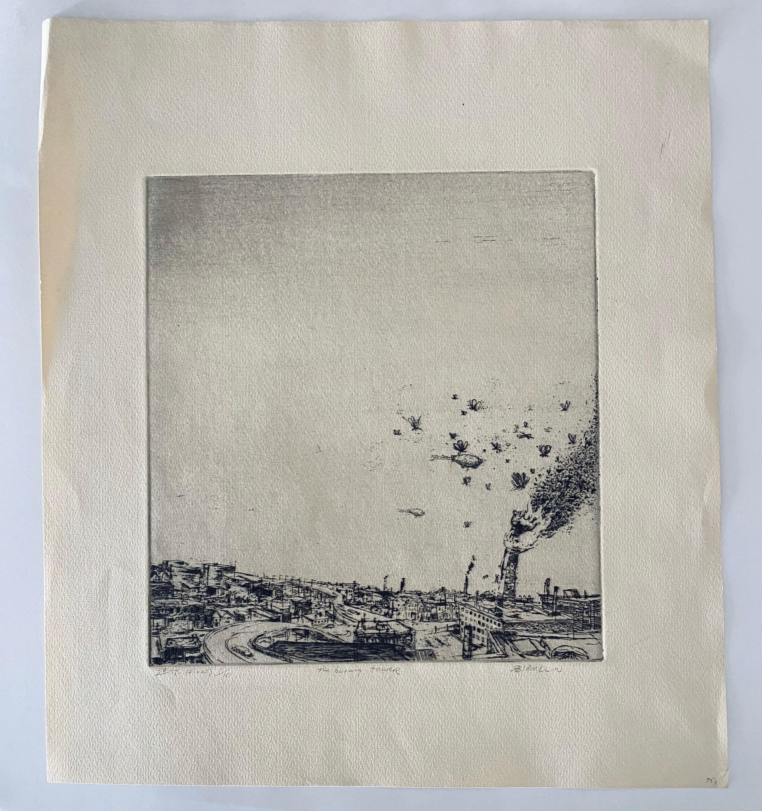 The Burning Tower, American Modernist Abstract Landscape Etching For Sale 1