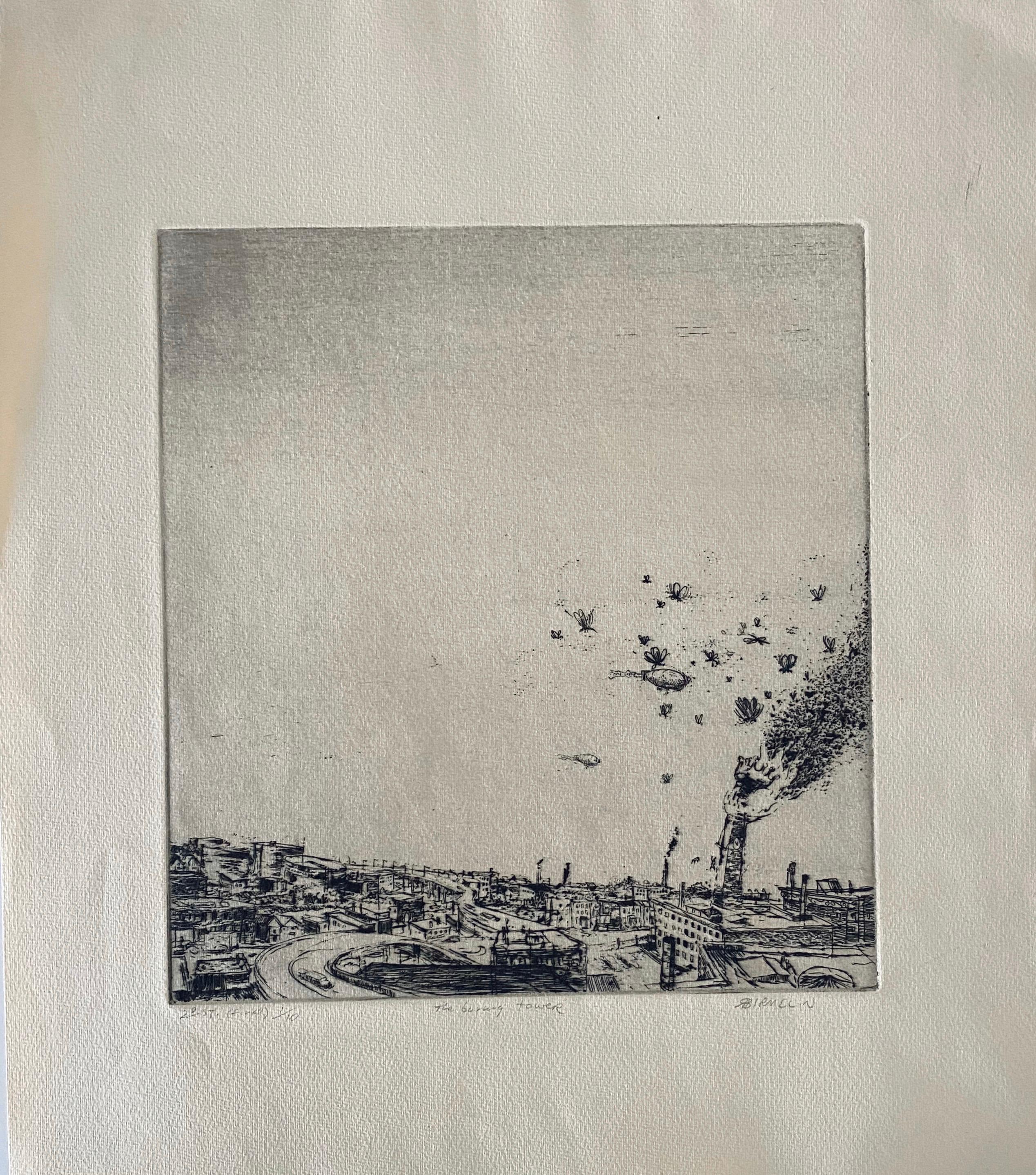 The Burning Tower, American Modernist Abstract Landscape Etching - Print by Robert A. Birmelin