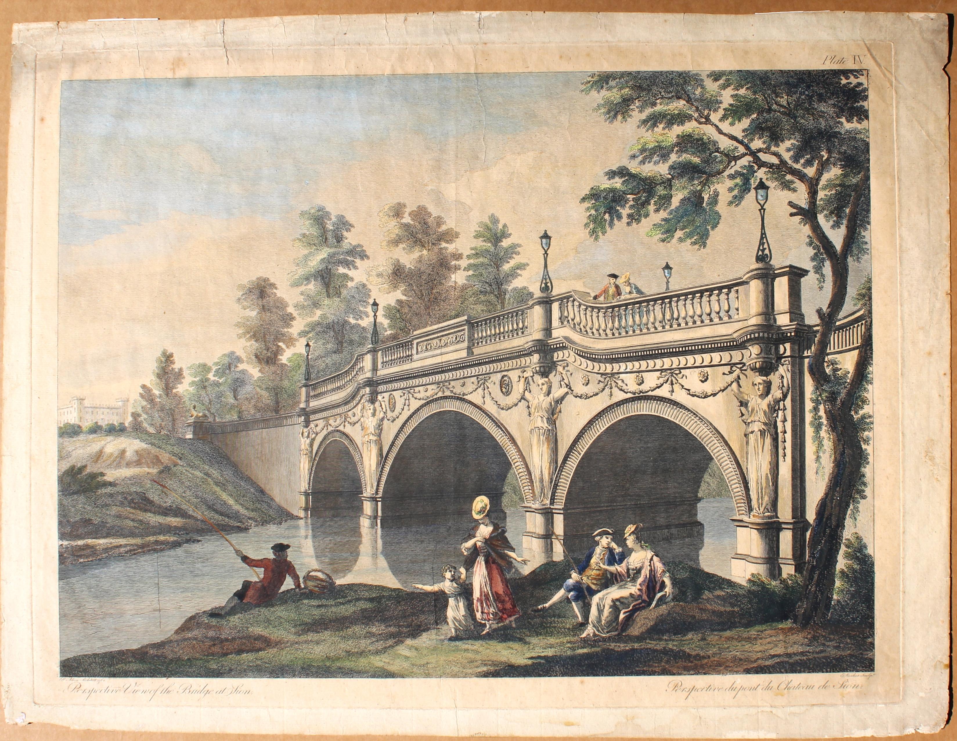 Une rare gravure d'époque peinte à la main du pont conçu par Robert Adam au Chataeu de Lion. Non encadré. Taille du papier : 19,5