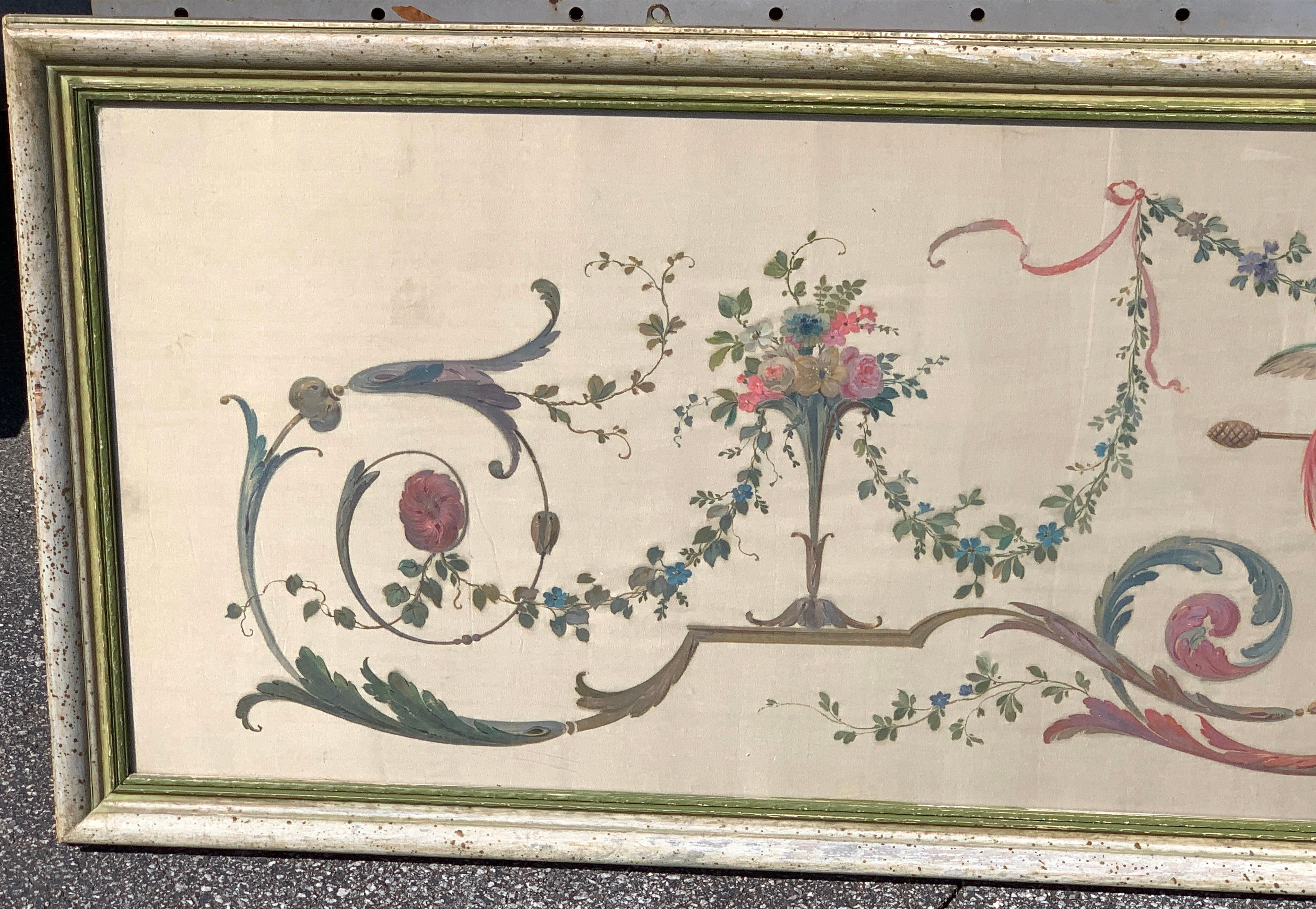 Silk Robert Adam Style Painted Interior Architectural Panel, Framed For Sale