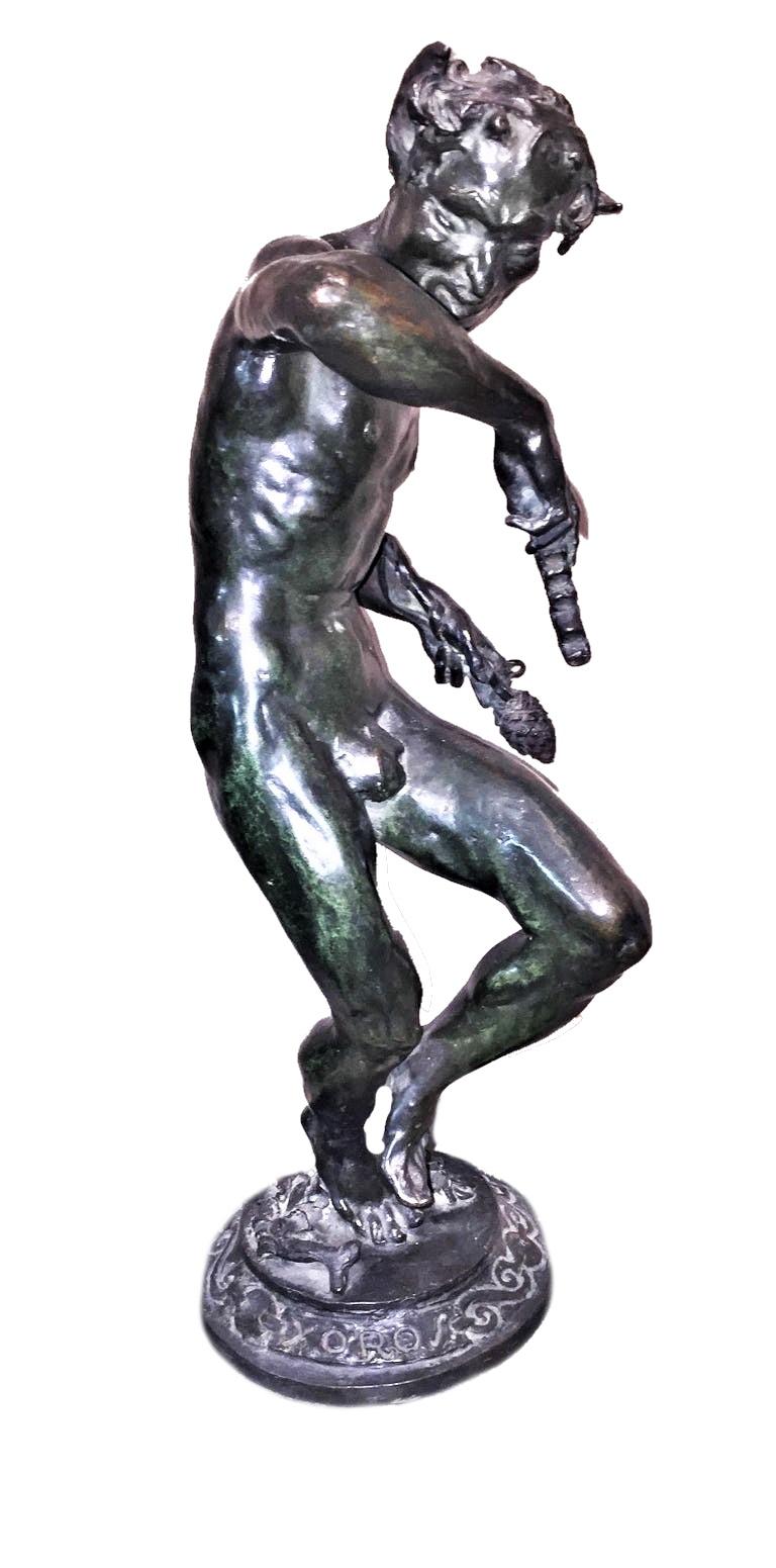 Signed ‘AITKEN’, and ‘XOROS’ (Greek: Dance) on the plinth.

Dimensions: 
Height 20 inches 
Width (top) 11 inches 
Depth 6 inches

This remarkable in its expensiveness sculpture depicts a forest spirit – satyr, dancing and playing his reed