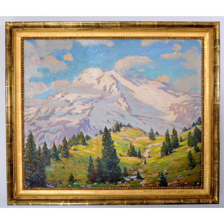 "Mount Rainier," Oil on Canvas by California Impressionist Robert Alexander Graham (1873-1946), Circa 1910. The painting depicting Mt. Rainier in Washington state in the springtime, the painting having resemblance to his comtemporary, William Wendt