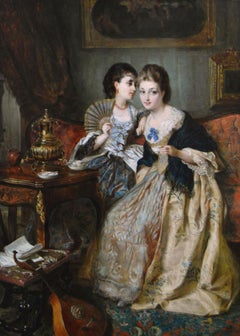 Dipinto a olio di genere del XIX secolo raffigurante due donne che prendono il tè