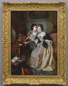 19th Century genre oil painting of two women at tea