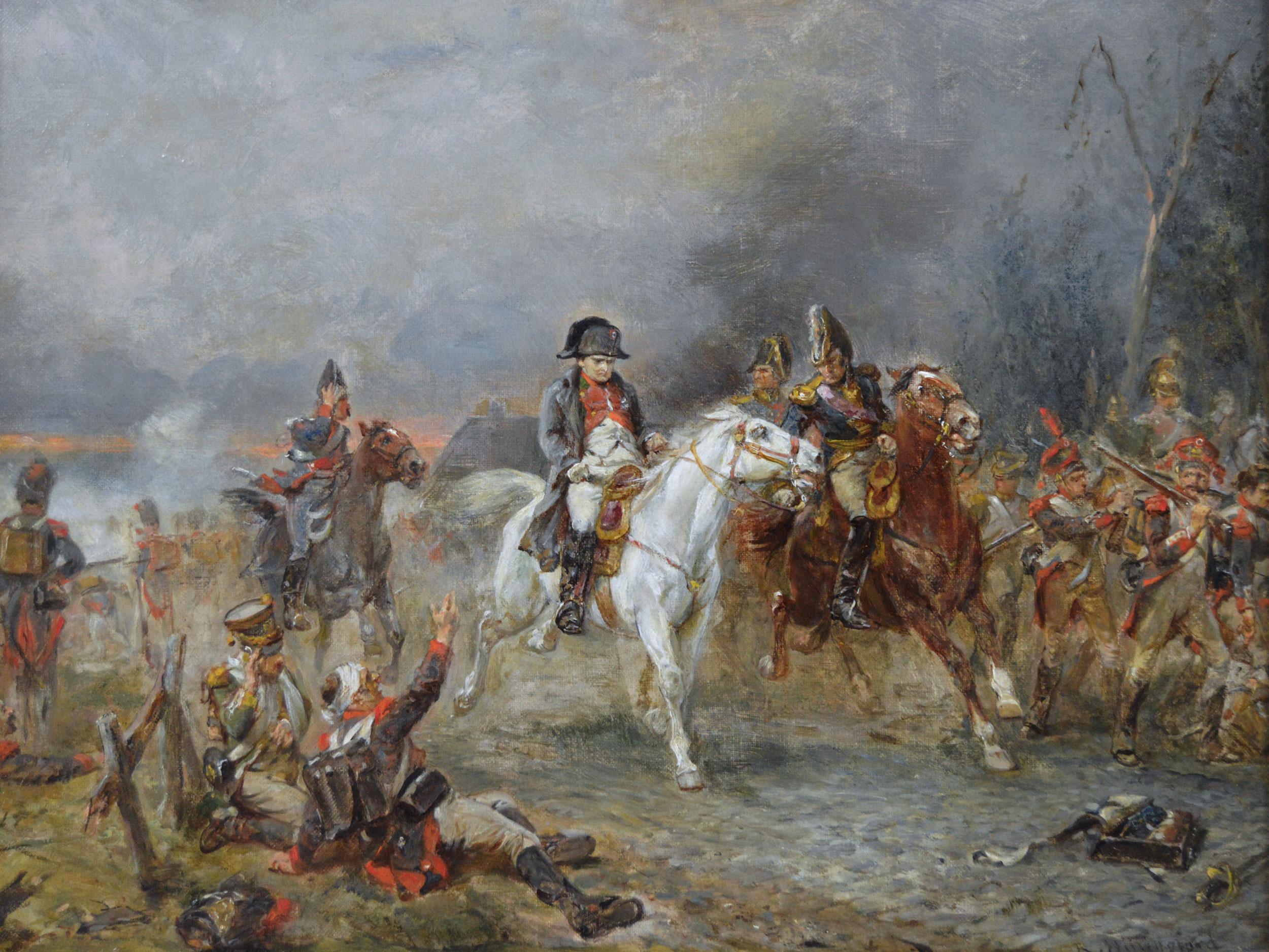 19th Century historical genre oil painting of Napoleon’s retreat at Waterloo - Painting by Robert Alexander Hillingford