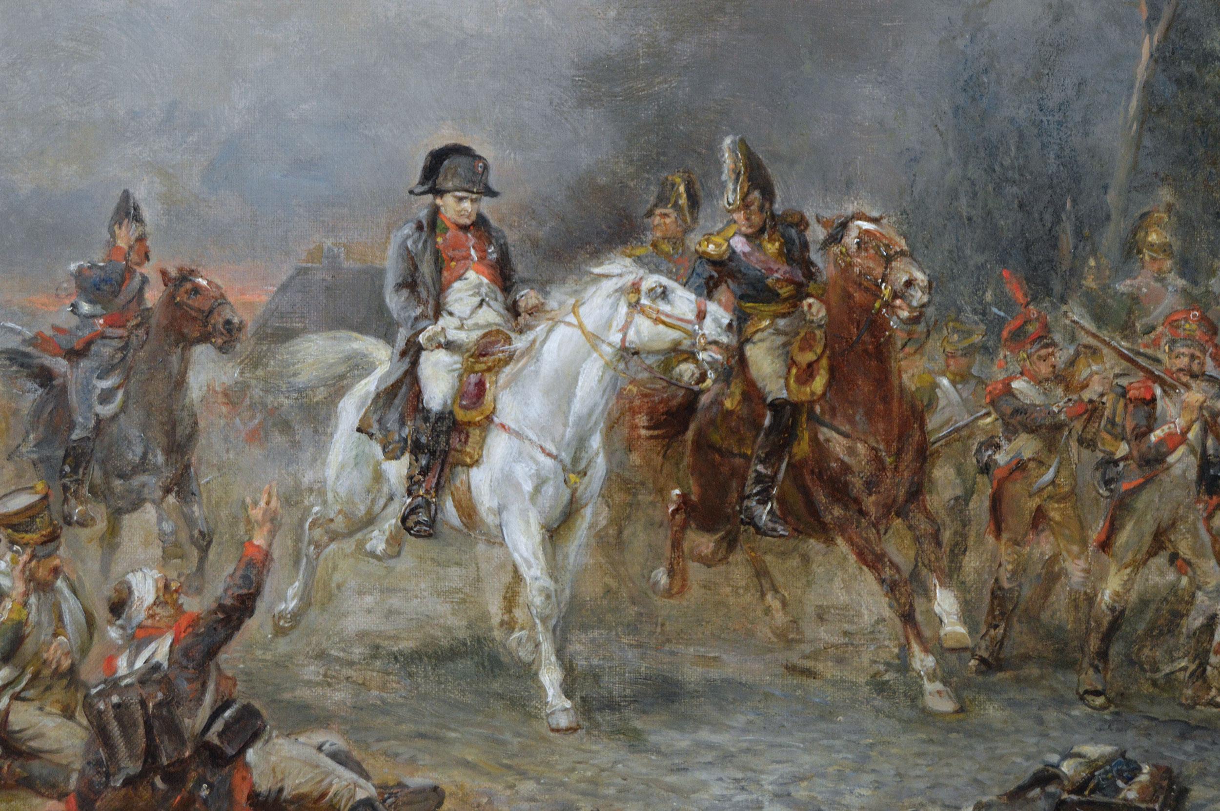 Peinture à l'huile de genre historique du 19e siècle représentant la retraite de Napoléon à Waterloo - Victorien Painting par Robert Alexander Hillingford