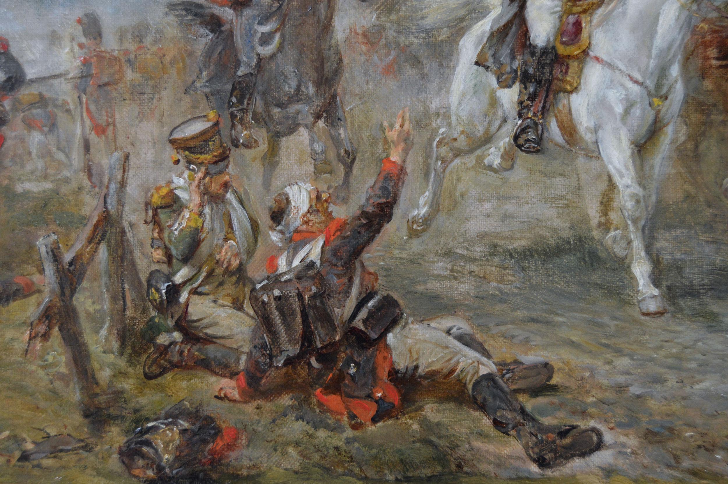 Peinture à l'huile de genre historique du 19e siècle représentant la retraite de Napoléon à Waterloo 1