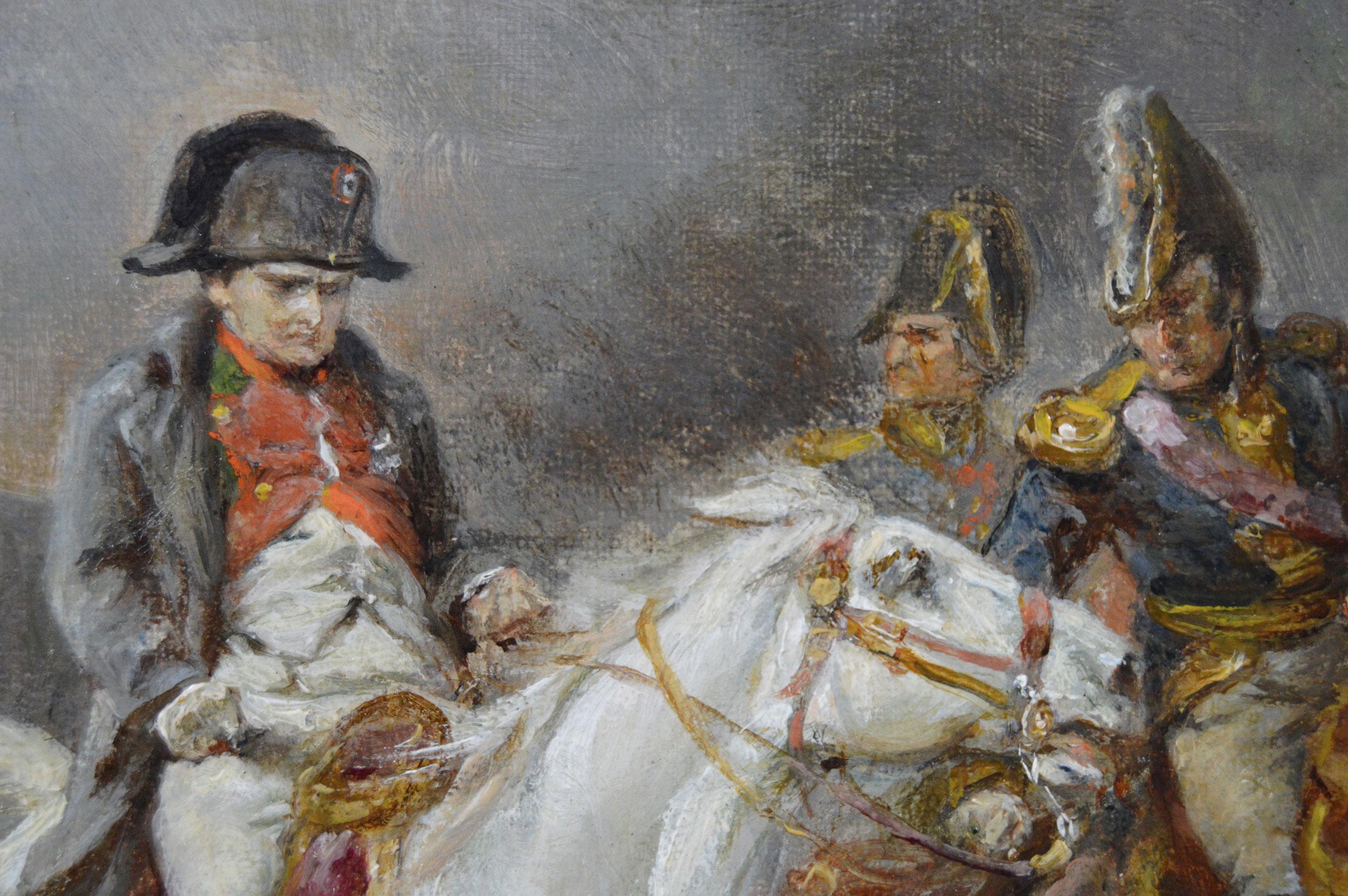 Peinture à l'huile de genre historique du 19e siècle représentant la retraite de Napoléon à Waterloo 2