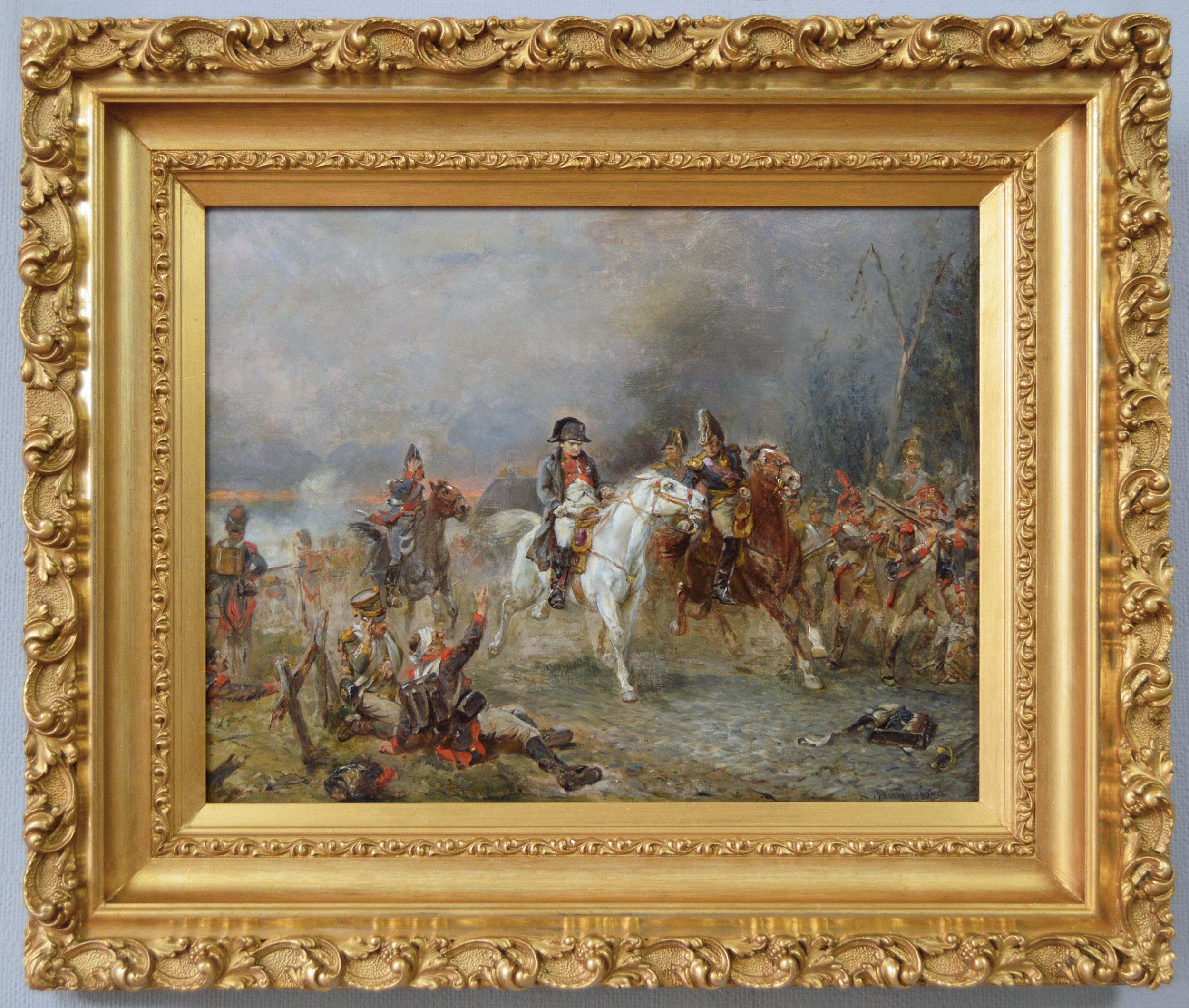 19th Century historical genre oil painting of Napoleon’s retreat at Waterloo