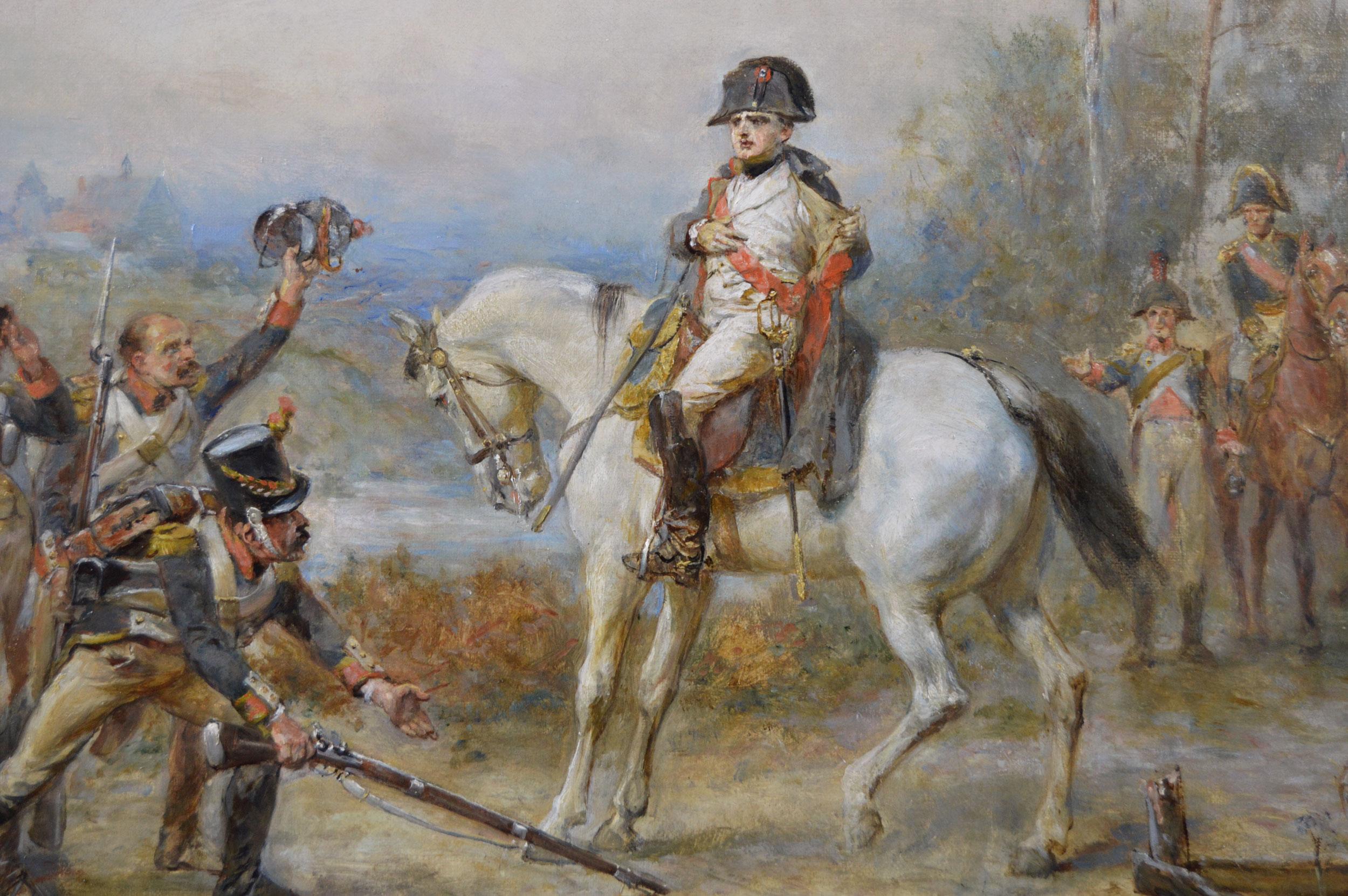 Peinture à l'huile de genre historique du XIXe siècle représentant les Napoléons retournant d'Elba - Victorien Painting par Robert Alexander Hillingford