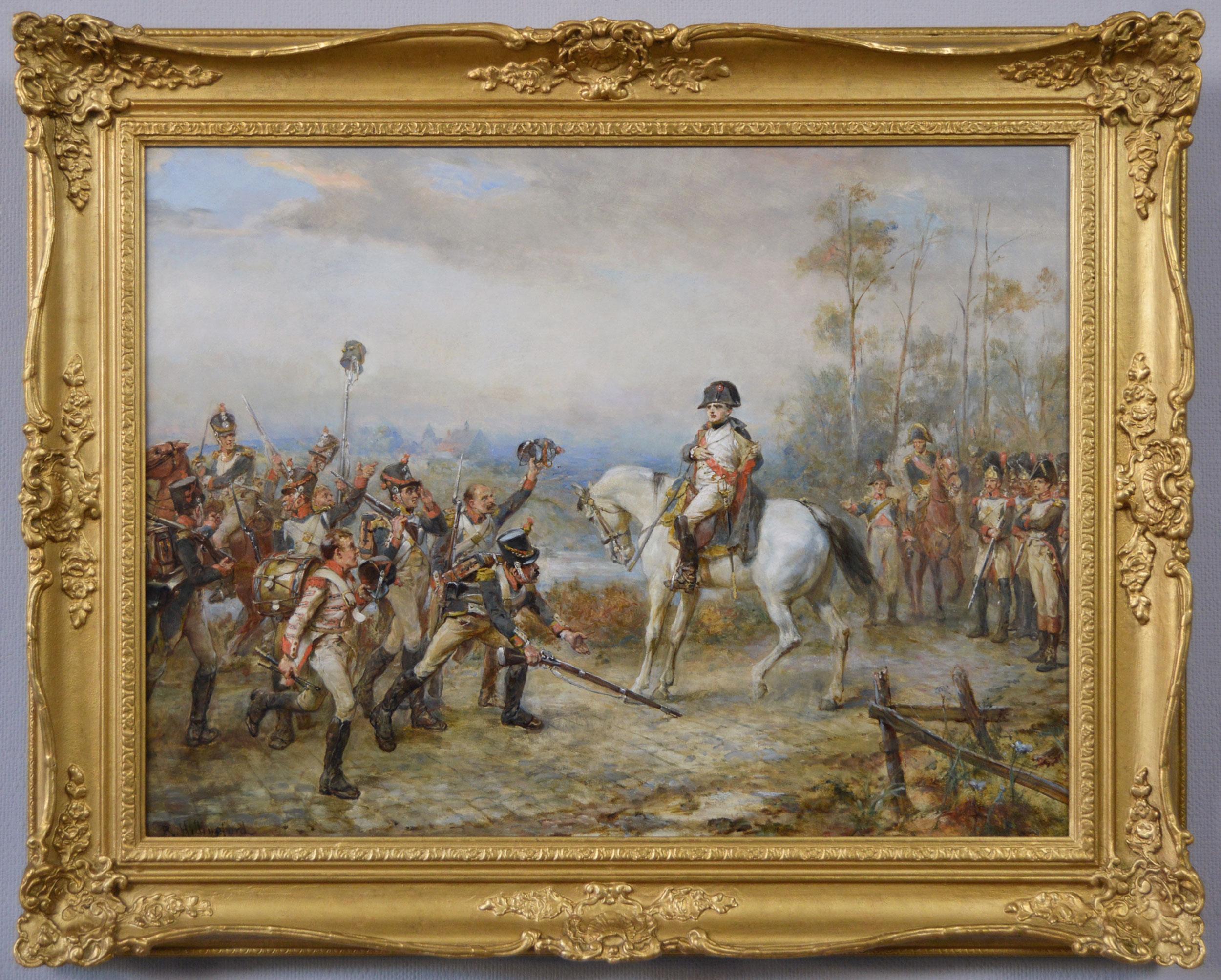 Figurative Painting Robert Alexander Hillingford - Peinture à l'huile de genre historique du XIXe siècle représentant les Napoléons retournant d'Elba