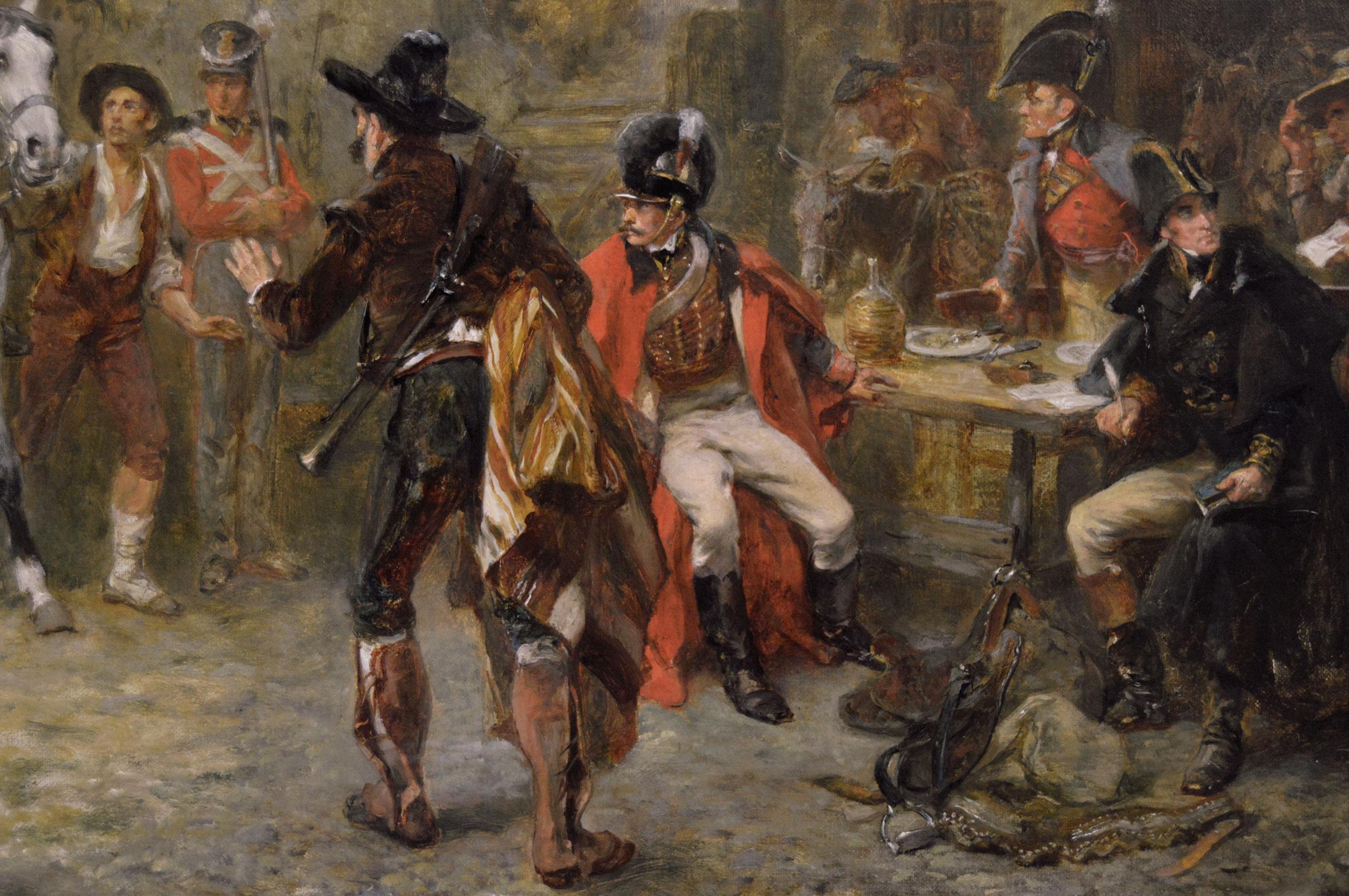 19th Century historical military oil painting of soldiers in a fortress town (Braun), Figurative Painting, von Robert Alexander Hillingford