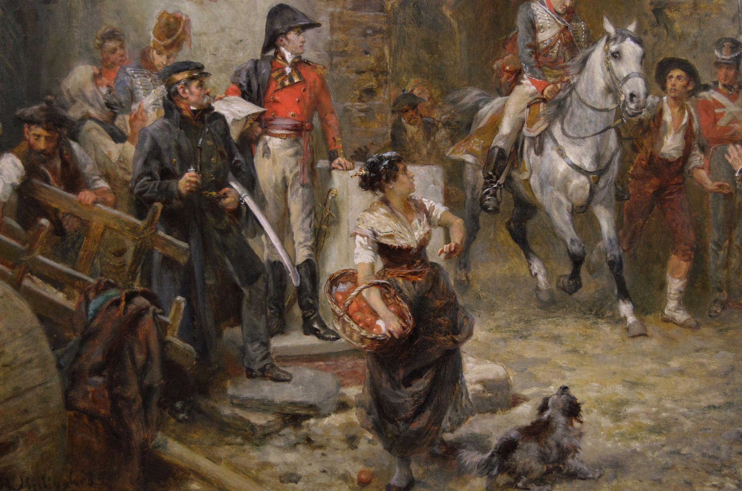 Robert Alexander Hillingford 
British, (1828-1904)
News from the Front, British Headquarters During the Peninsular War
Oil on canvas, signed, inscribed in pencil verso
Image size: 19.25 inches x 29.5 inches 
Size including frame: 27.75 inches x 38