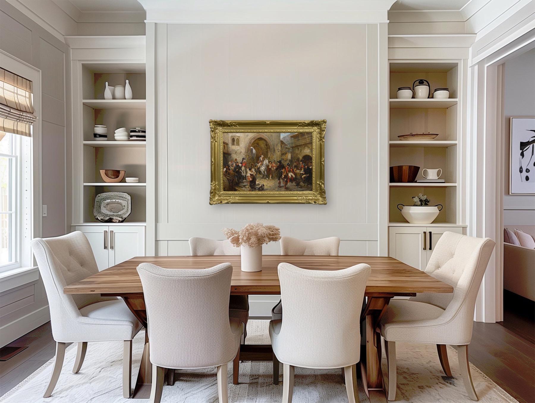 19th Century historical military oil painting of soldiers in a fortress town im Angebot 3