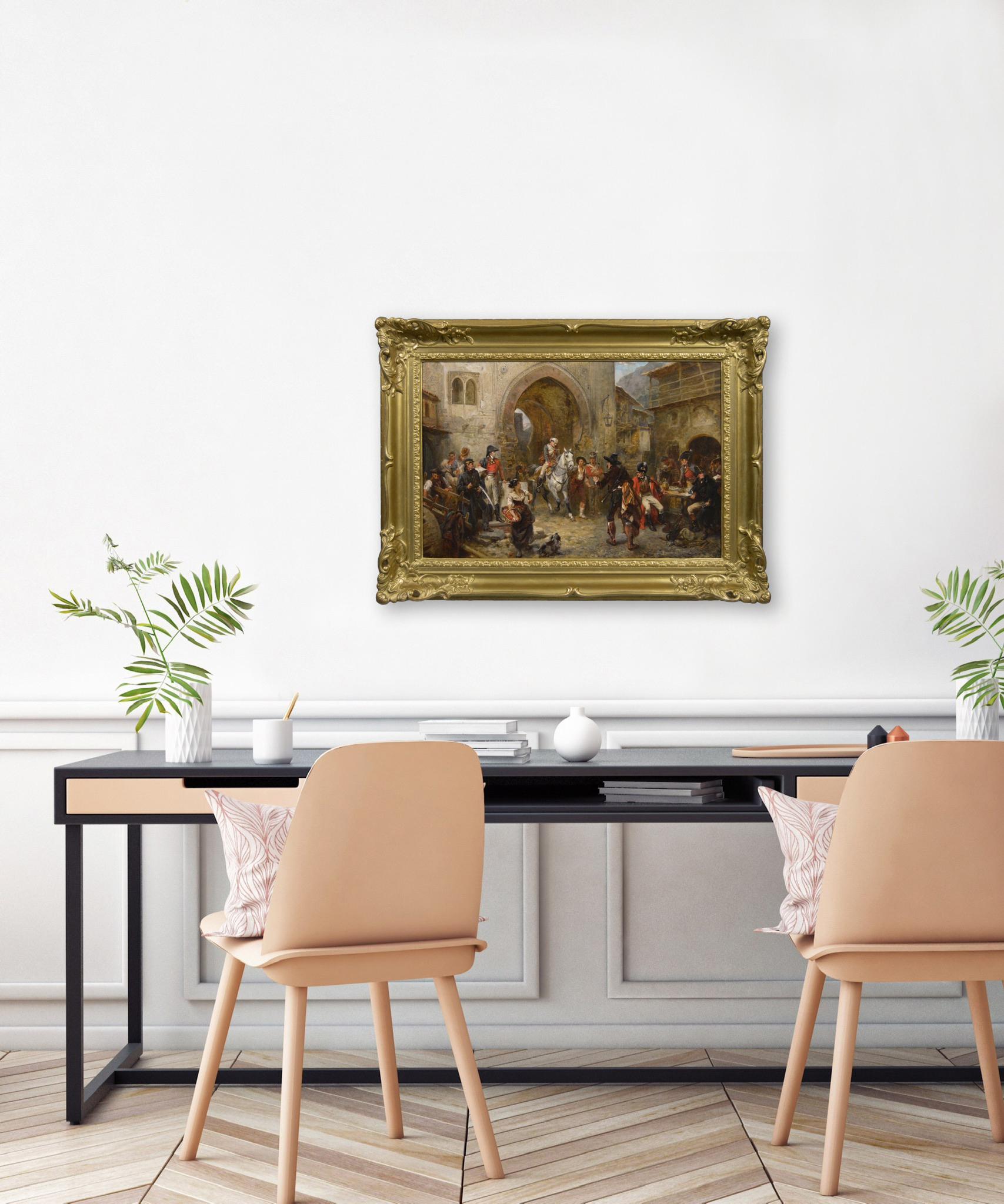 19th Century historical military oil painting of soldiers in a fortress town im Angebot 4