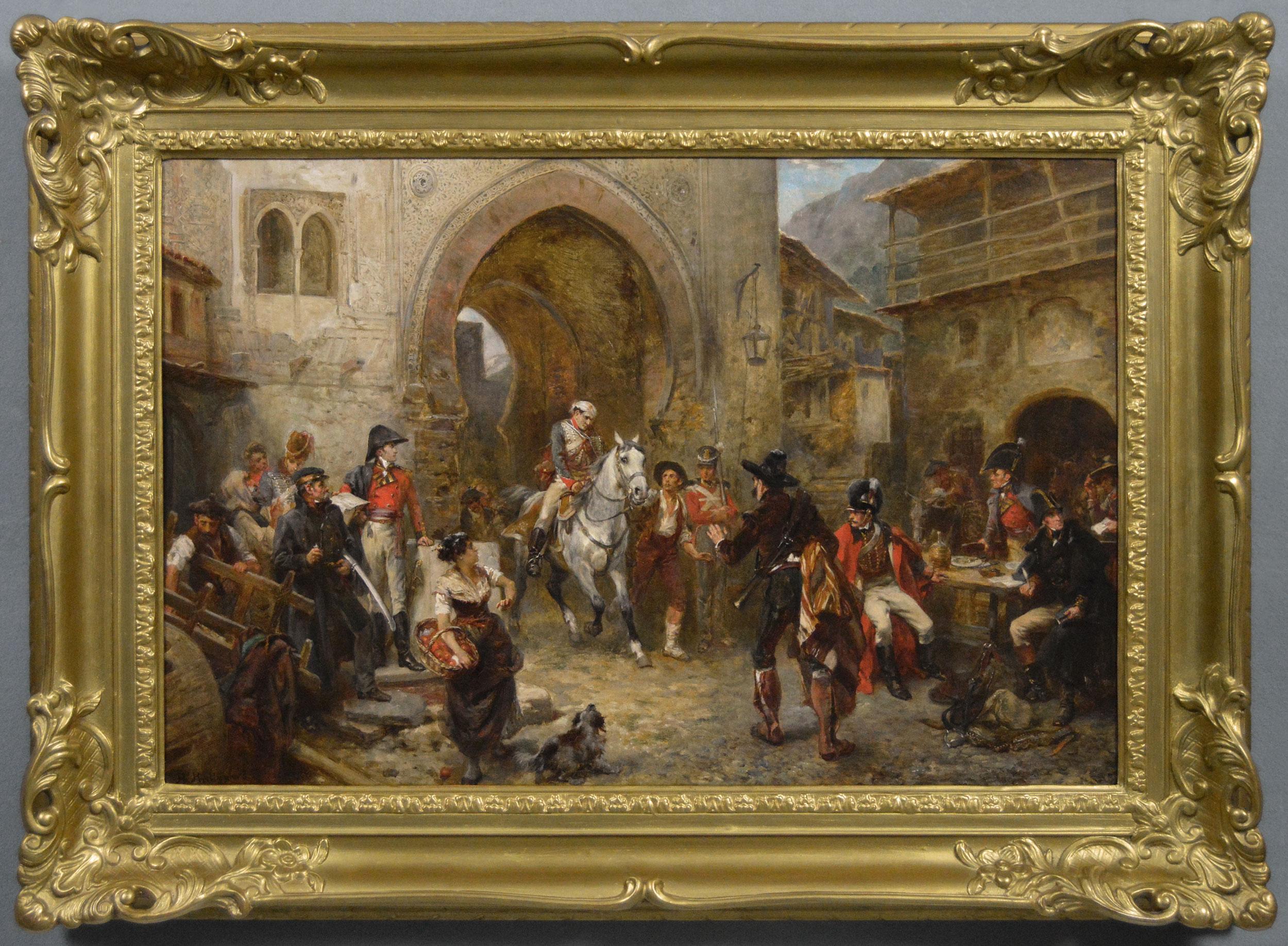 19th Century historical military oil painting of soldiers in a fortress town