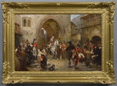 19th Century historical military oil painting of soldiers in a fortress town