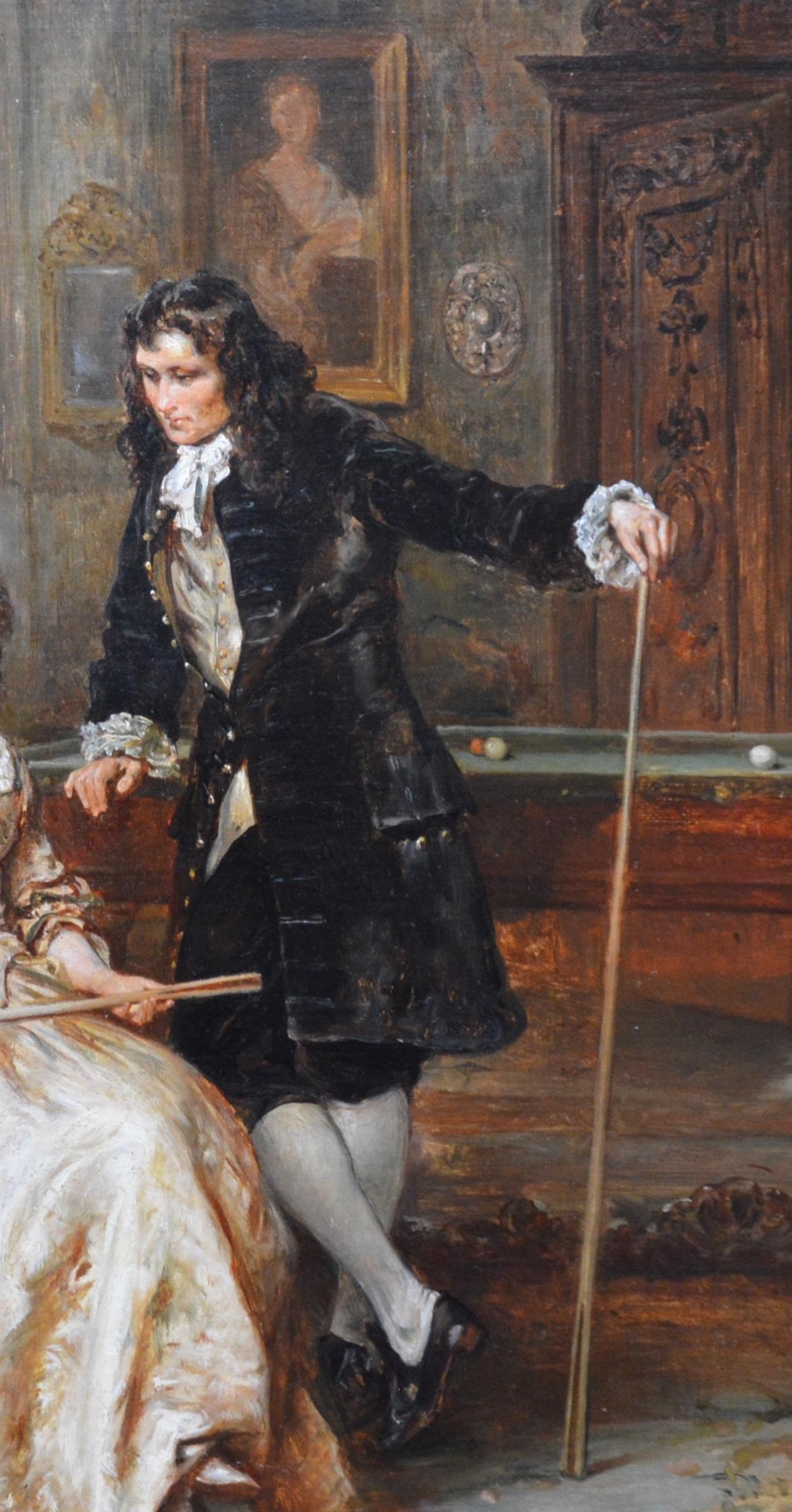 A Break in the Game - 19th Century Oil Painting of Snooker & Billiards History - Black Figurative Painting by Robert Alexander Hillingford