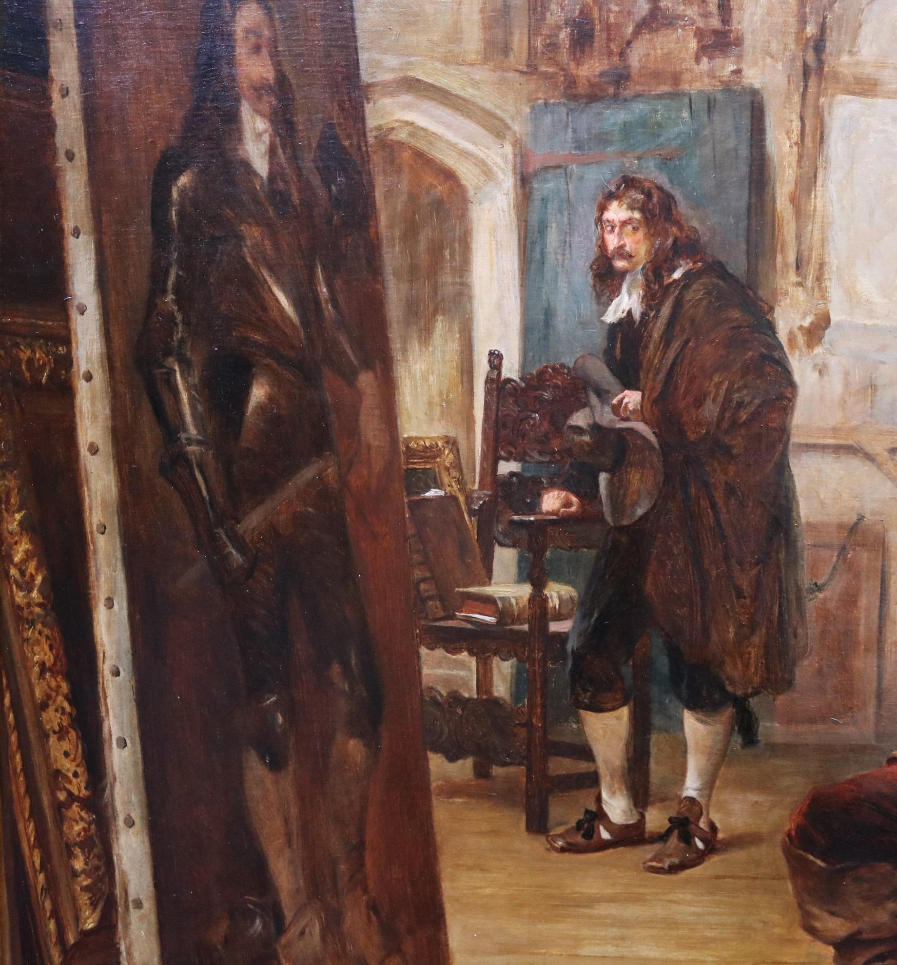 An Awful Deed - 19th Century Oil Painting of Oliver Cromwell & Van Dyke Portrait - Brown Interior Painting by Robert Alexander Hillingford