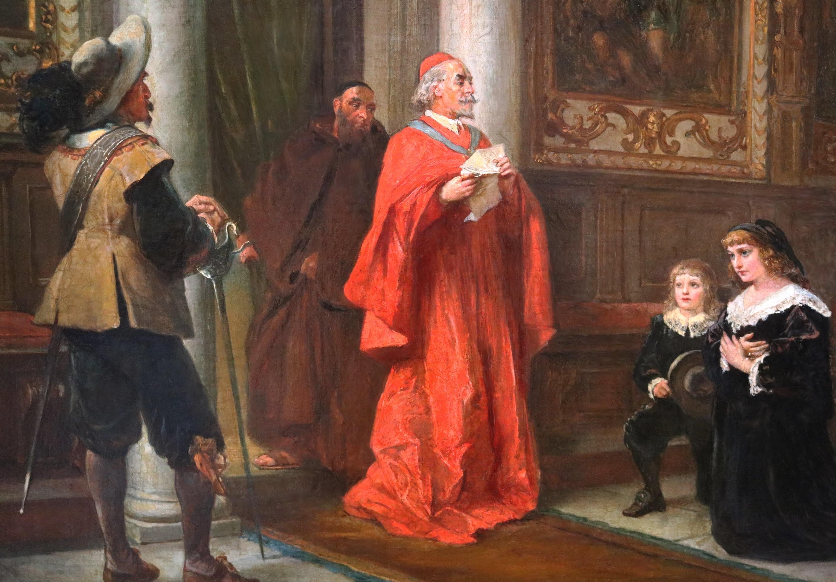 ‘Cardinal Richelieu at the Château de Rueil’ by Robert Alexander Hillingford (1828-1904). The painting – which depicts a scene from Act 3 of Edward Bulwer‐Lytton’s play ‘Richelieu; or The Conspiracy’ – is signed by the artist and presented in a fine