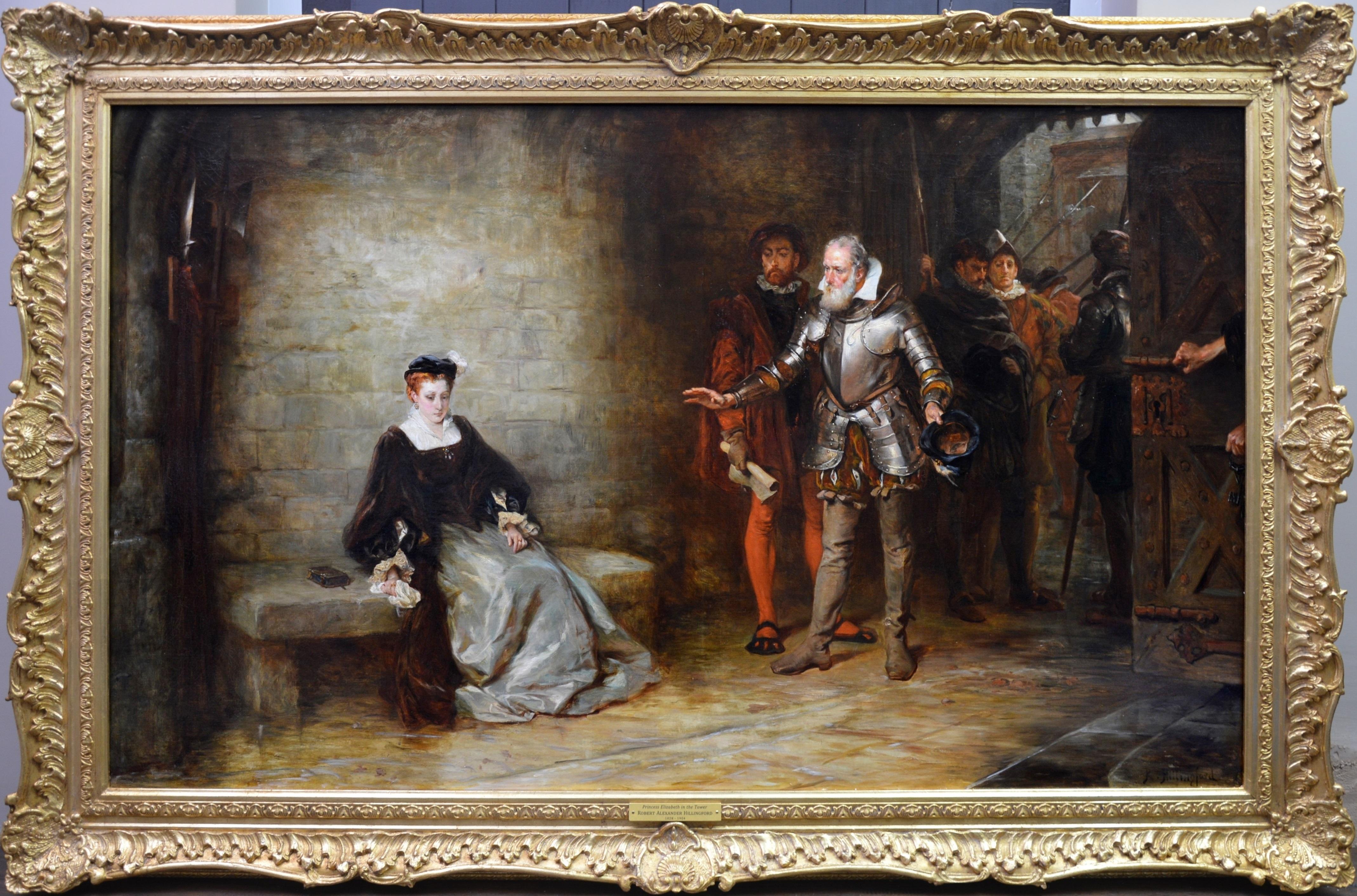 Interior Painting Robert Alexander Hillingford - Elizabeth dans la Tour - Peinture à l'huile du 19e siècle Scène célèbre Tour de Londres