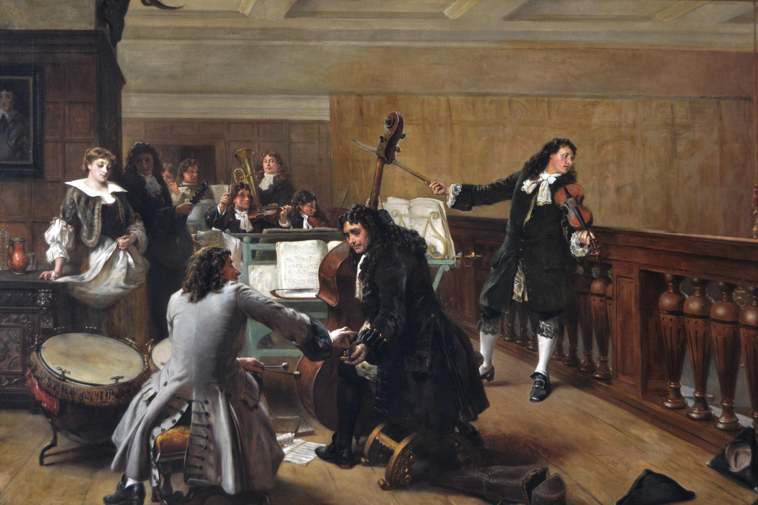 Quadro ad olio di genere storico del XIX secolo di grandi dimensioni raffigurante un gruppo di musicisti - Painting di Robert Alexander Hillingford