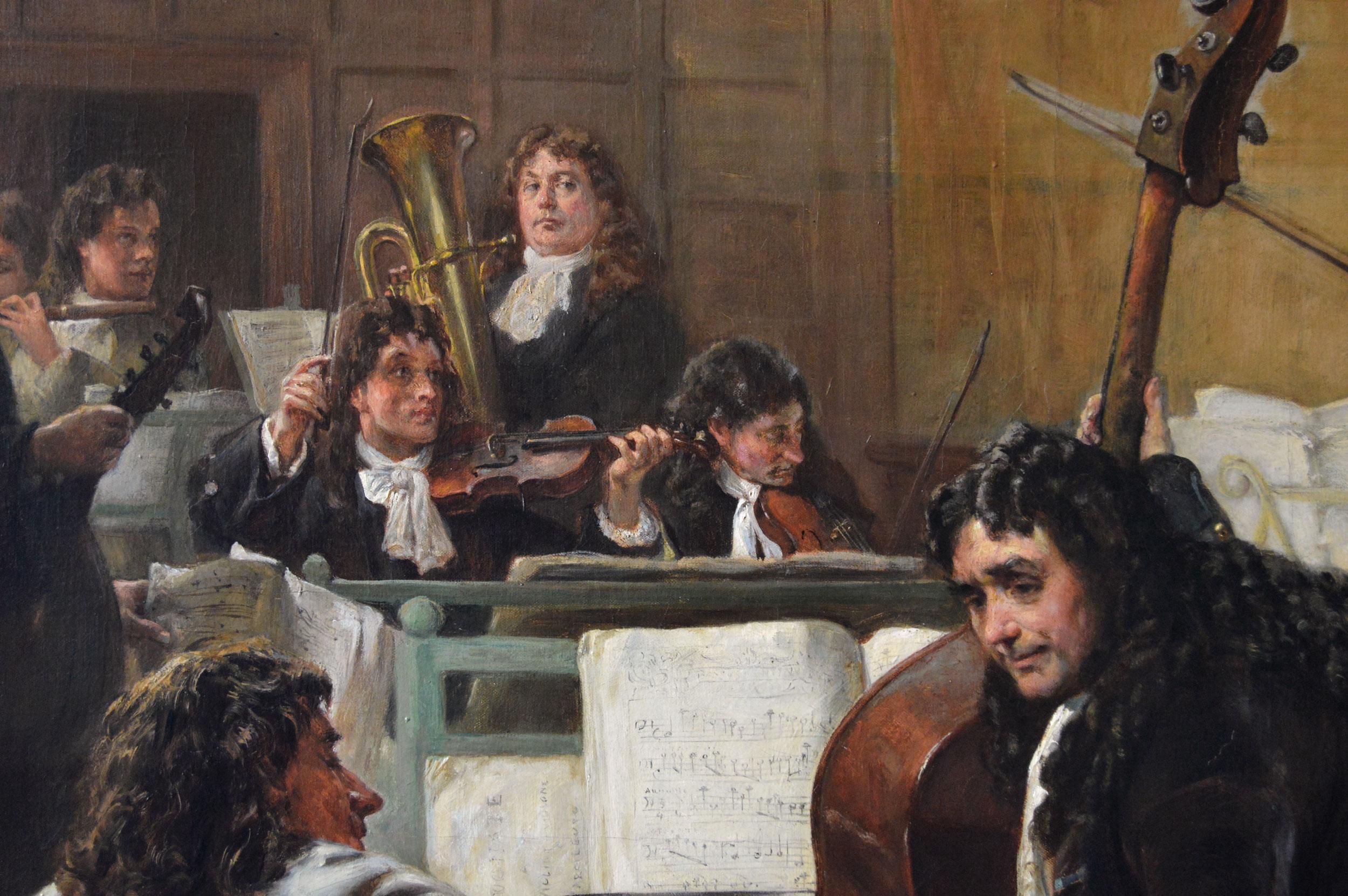 Quadro ad olio di genere storico del XIX secolo di grandi dimensioni raffigurante un gruppo di musicisti - Figurative Painting Marrone di Robert Alexander Hillingford