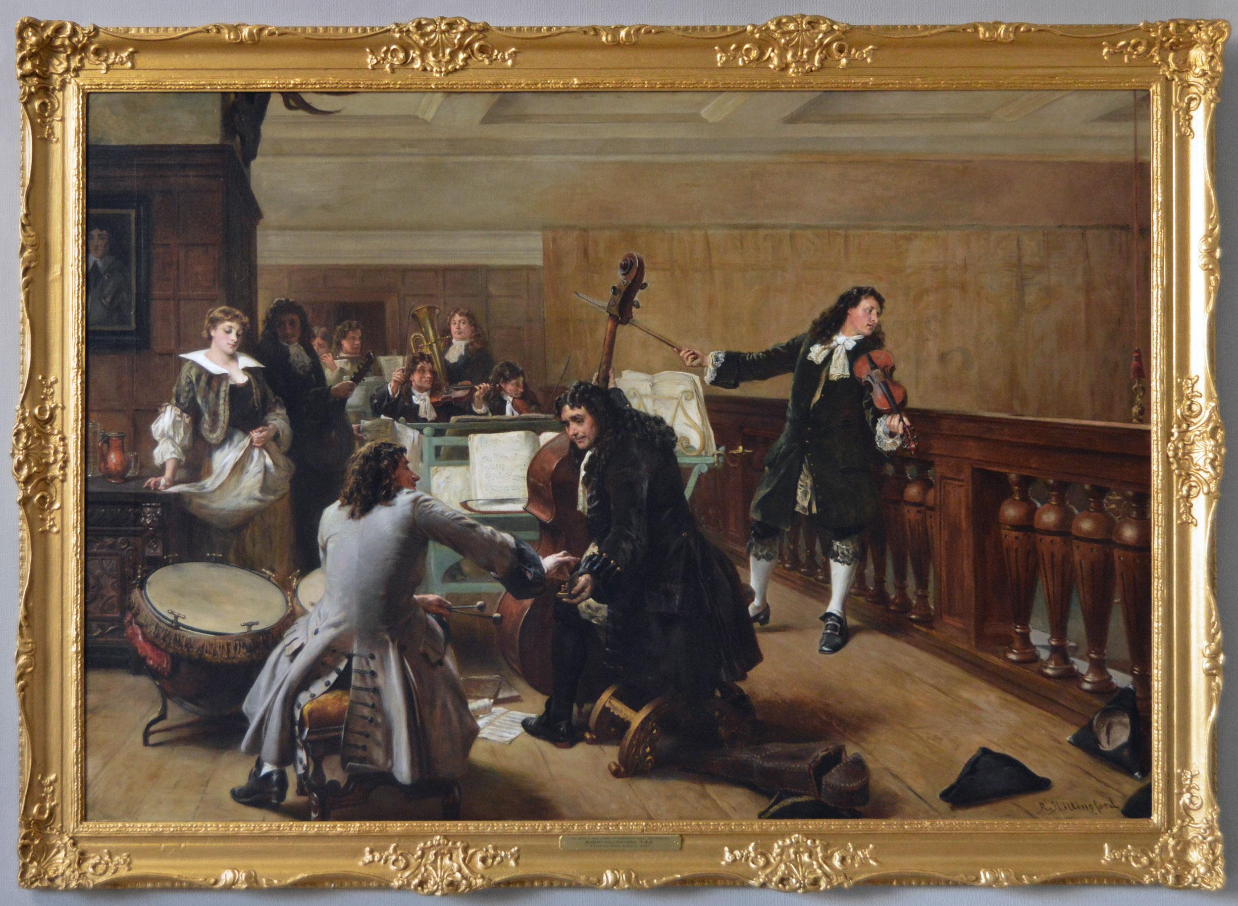 Robert Alexander Hillingford Figurative Painting – Großes historisches Genre-Ölgemälde einer Gruppe von Musikern aus dem 19. Jahrhundert