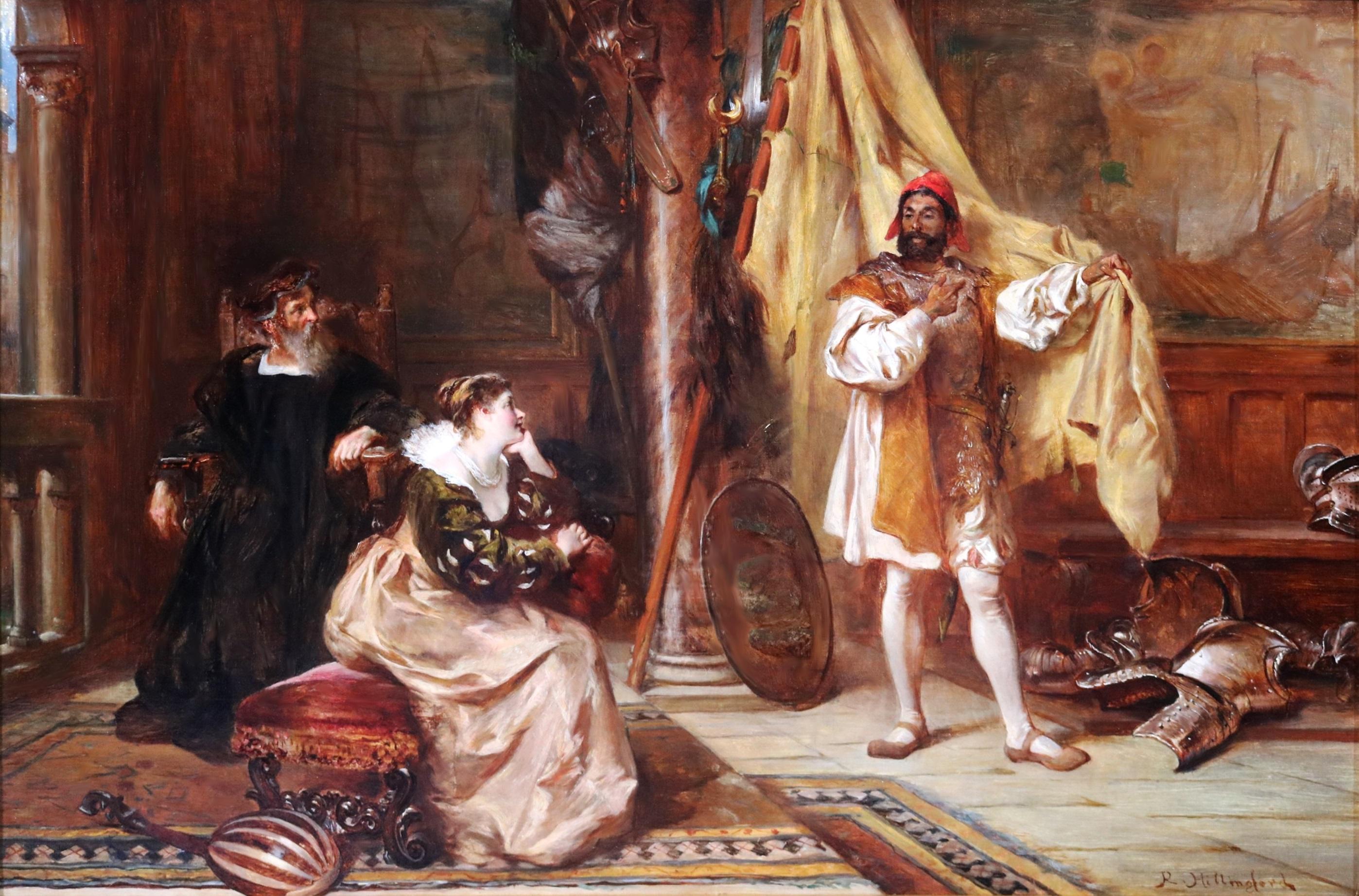 ‘Othello recounting his adventures to Desdemona and Brabantio’ by Robert Alexander Hillingford (1828-1904). 

The painting – which depicts Shakespeare’s Venetian general, his lover Desdemona, and her senator father – is signed by the artist and