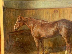 19th century Victorian English oil portrait of a hunter in a stable