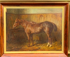 19th century Victorian English oil portrait of a hunter in a stable