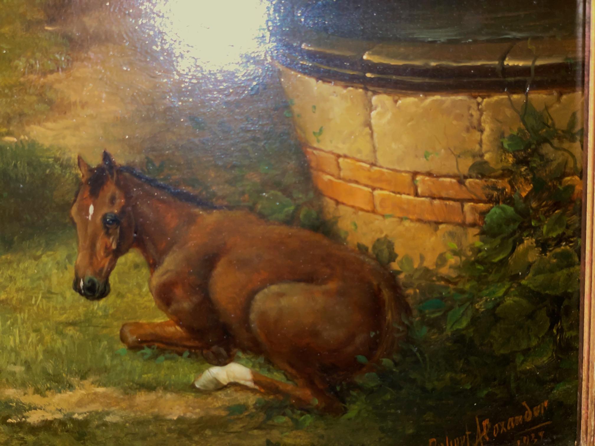 Mare and foals in pasture - Naturalistic Painting by Robert Alexander