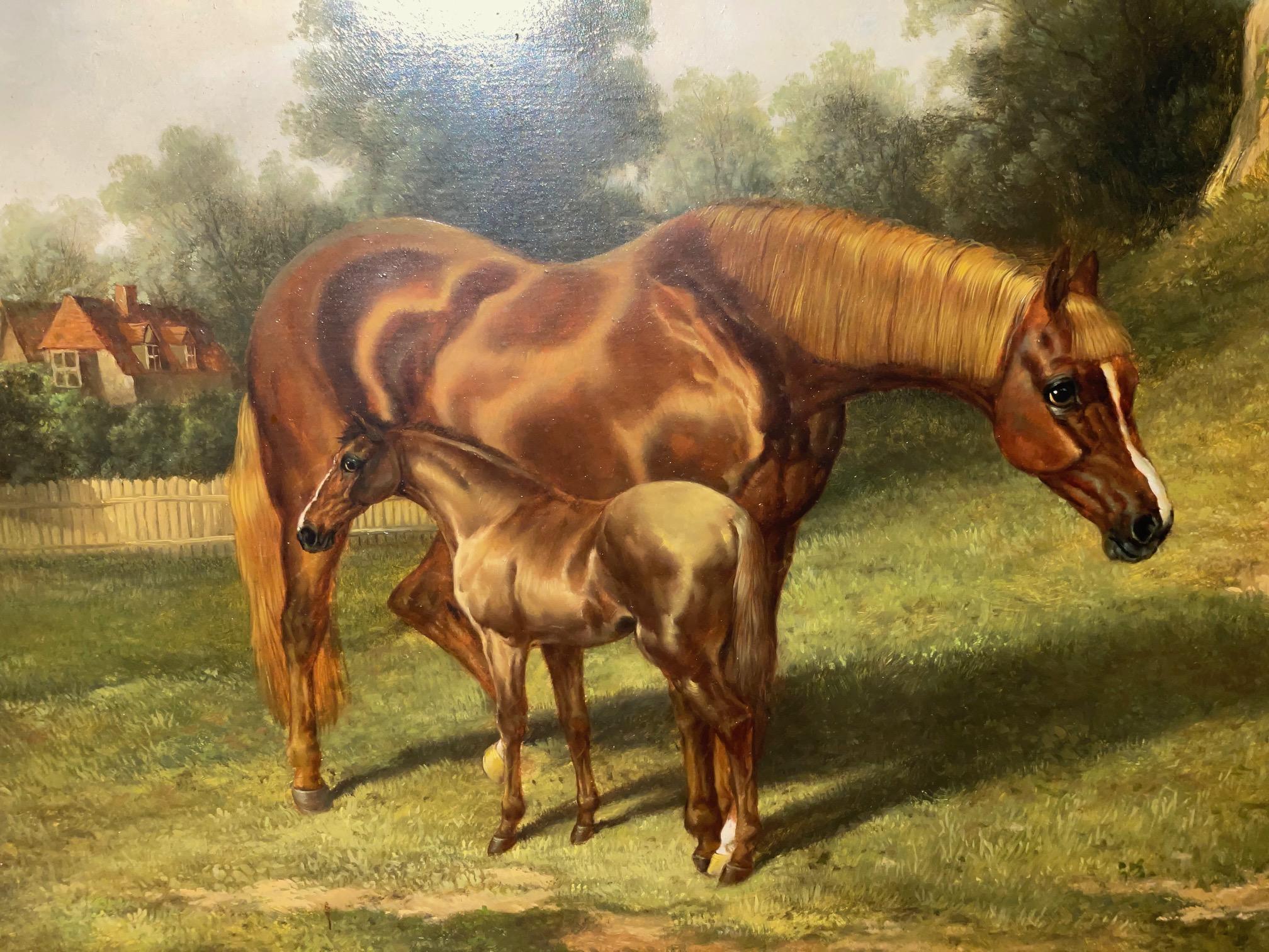 19th century oil painting of mare and two foals with landscape by Scottish artist Robert Alexander (1840-1923) signed and dated.  Alexander is known for his paintings of animals, primarily horses and dogs. This oil on board painting has rich color