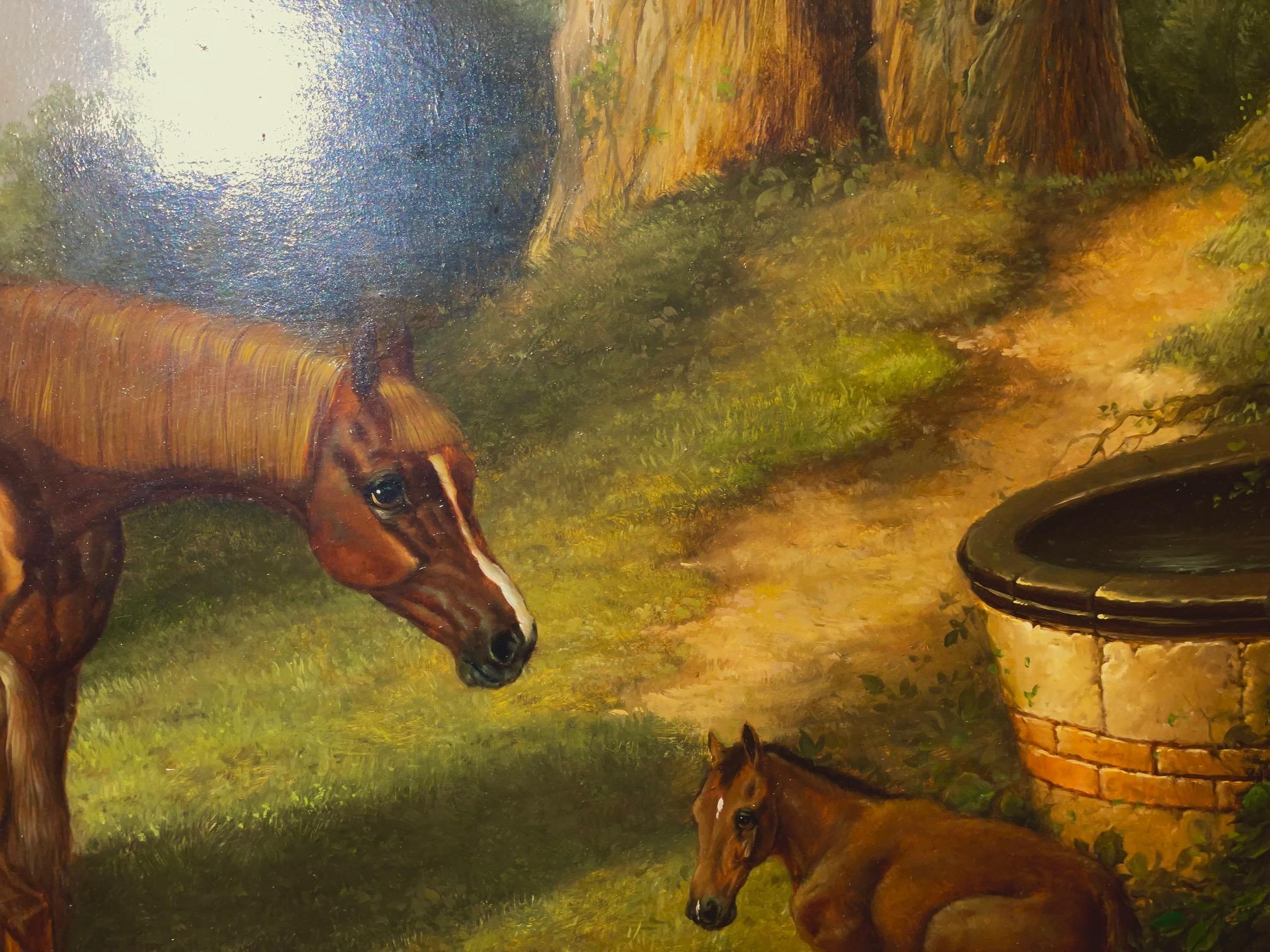 Peinture à l'huile du 19e siècle représentant une jument et deux poulains dans un paysage par l'artiste écossais Robert Alexander (1840-1923), signée et datée.  Alexander est connu pour ses peintures d'animaux, principalement des chevaux et des